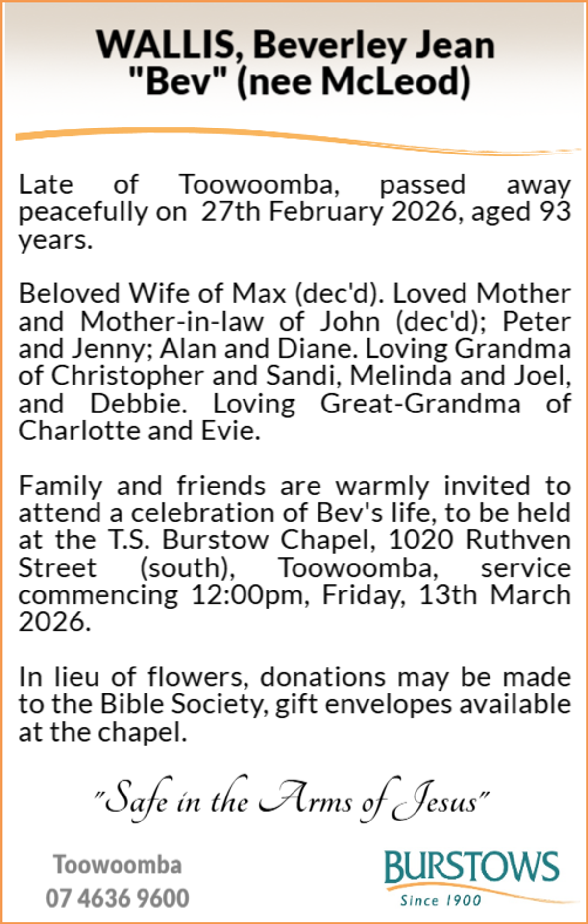 Funeral notice for Beverley Jean Wallis