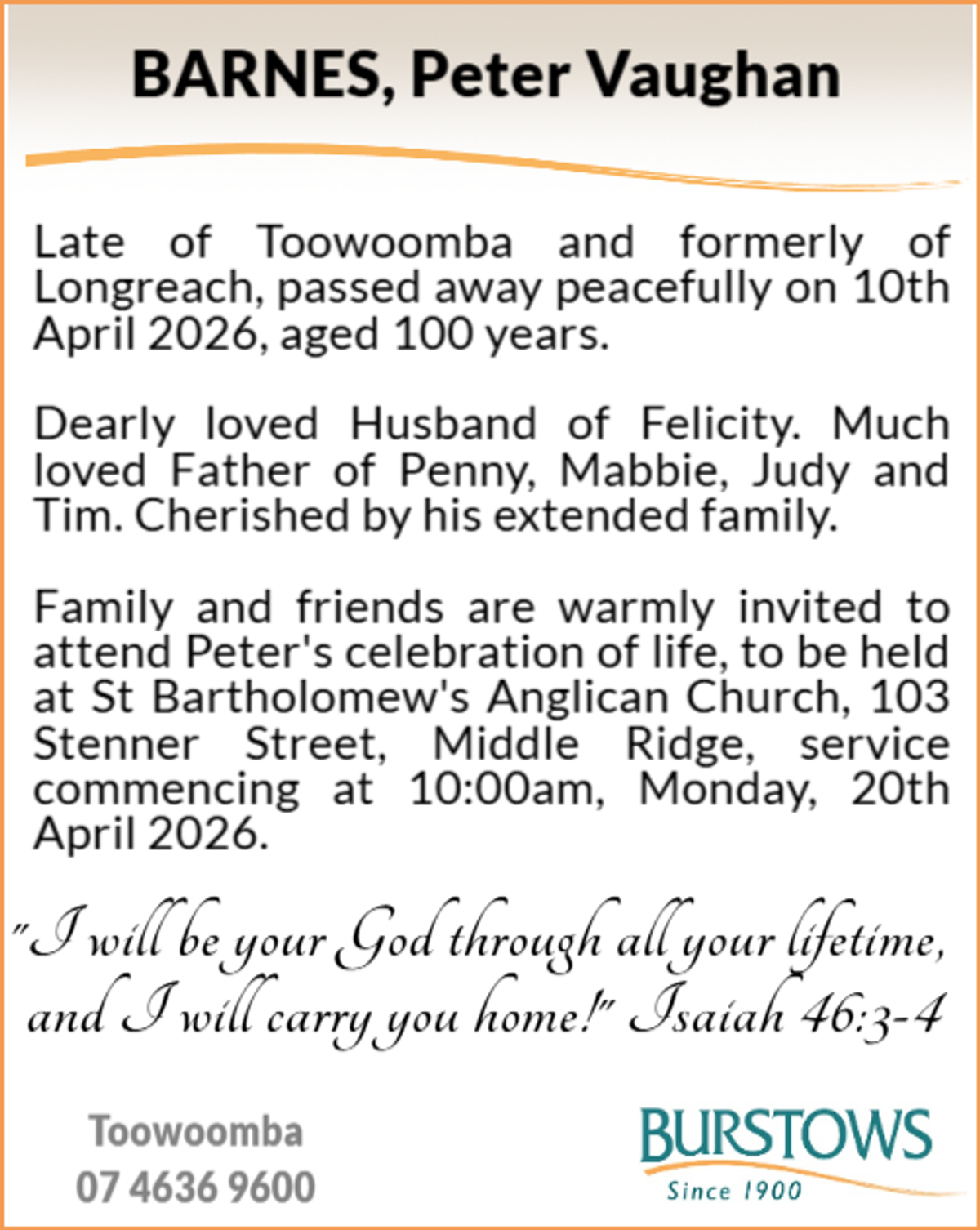 Funeral notice for Peter Vaughan Barnes