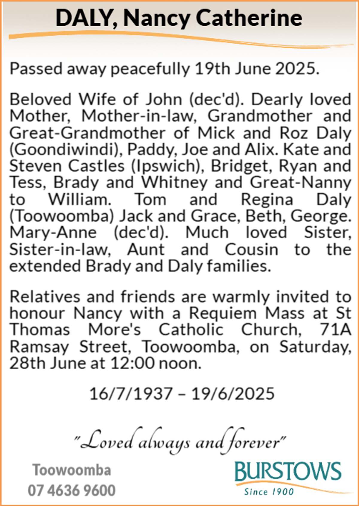Funeral notice for Nancy Catherine Daly