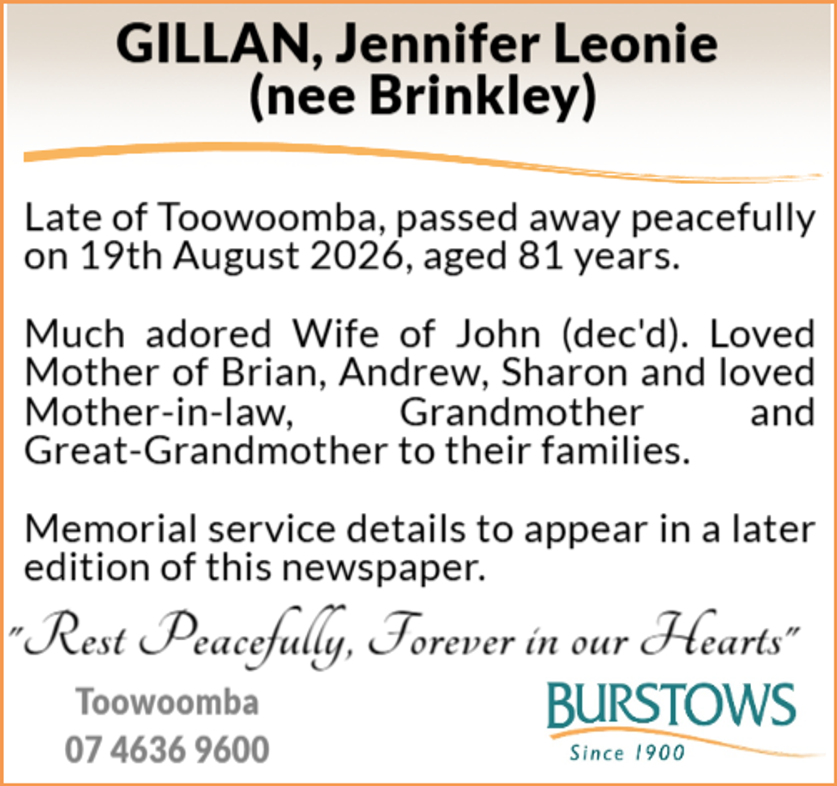 Funeral notice for Jennifer Leonie Gillan