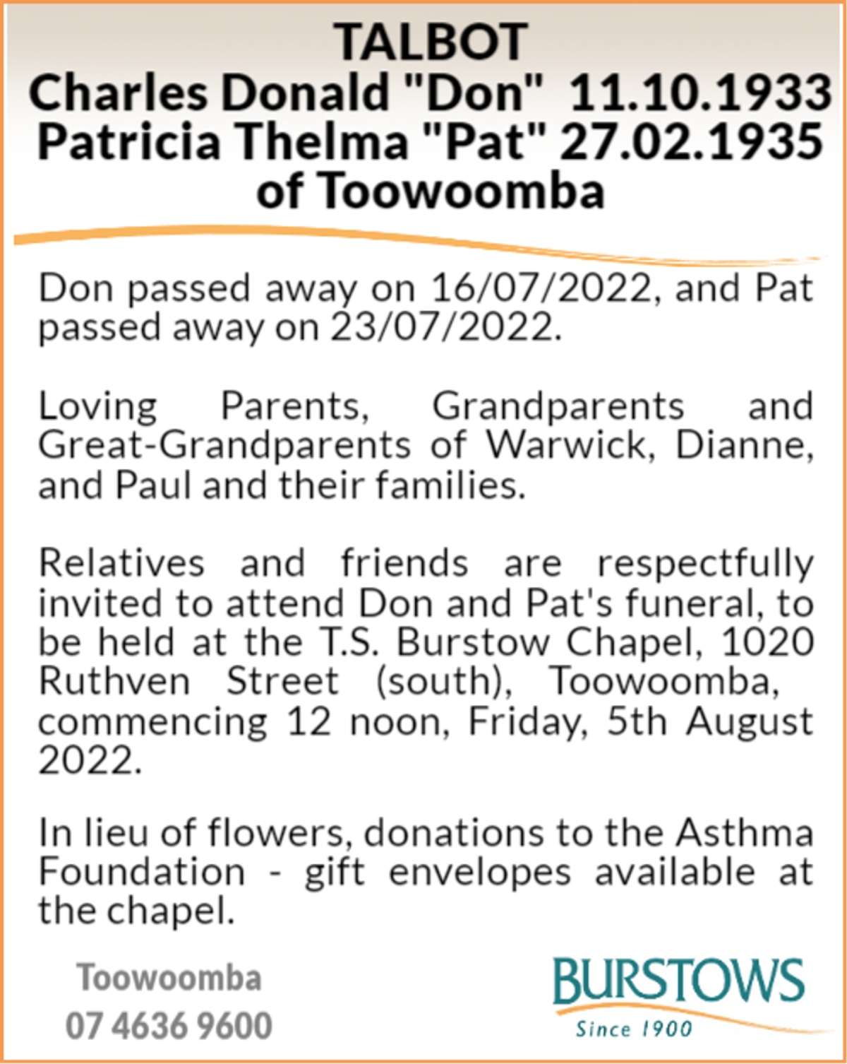 Funeral notice for Charles & Patricia Talbot