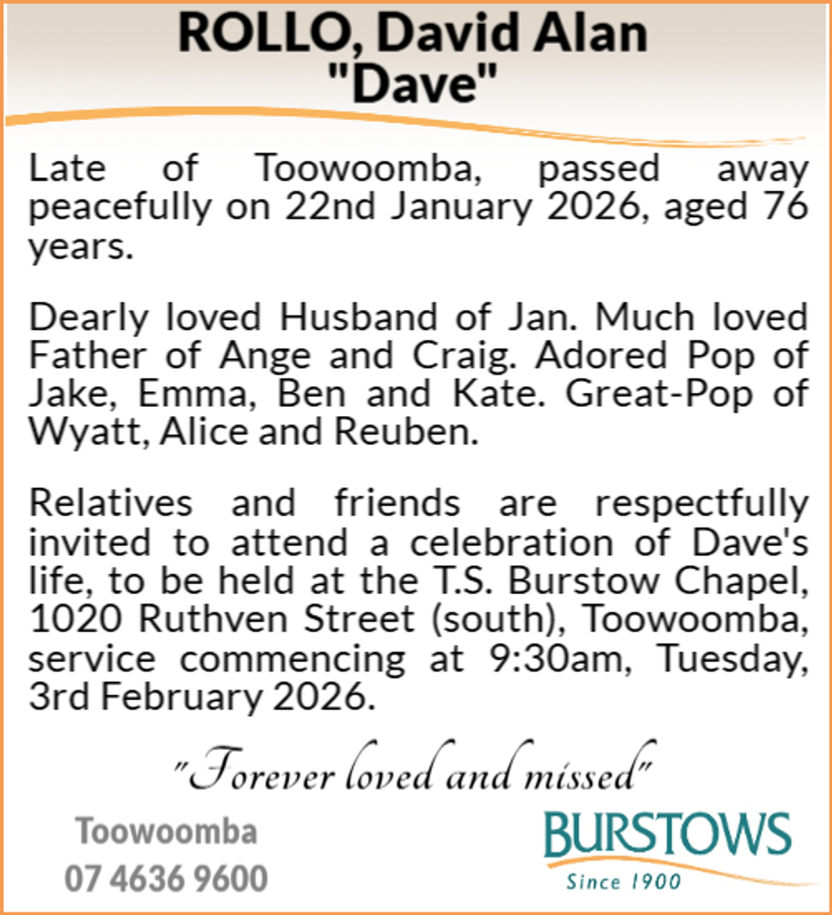 Funeral notice for David Alan Rollo