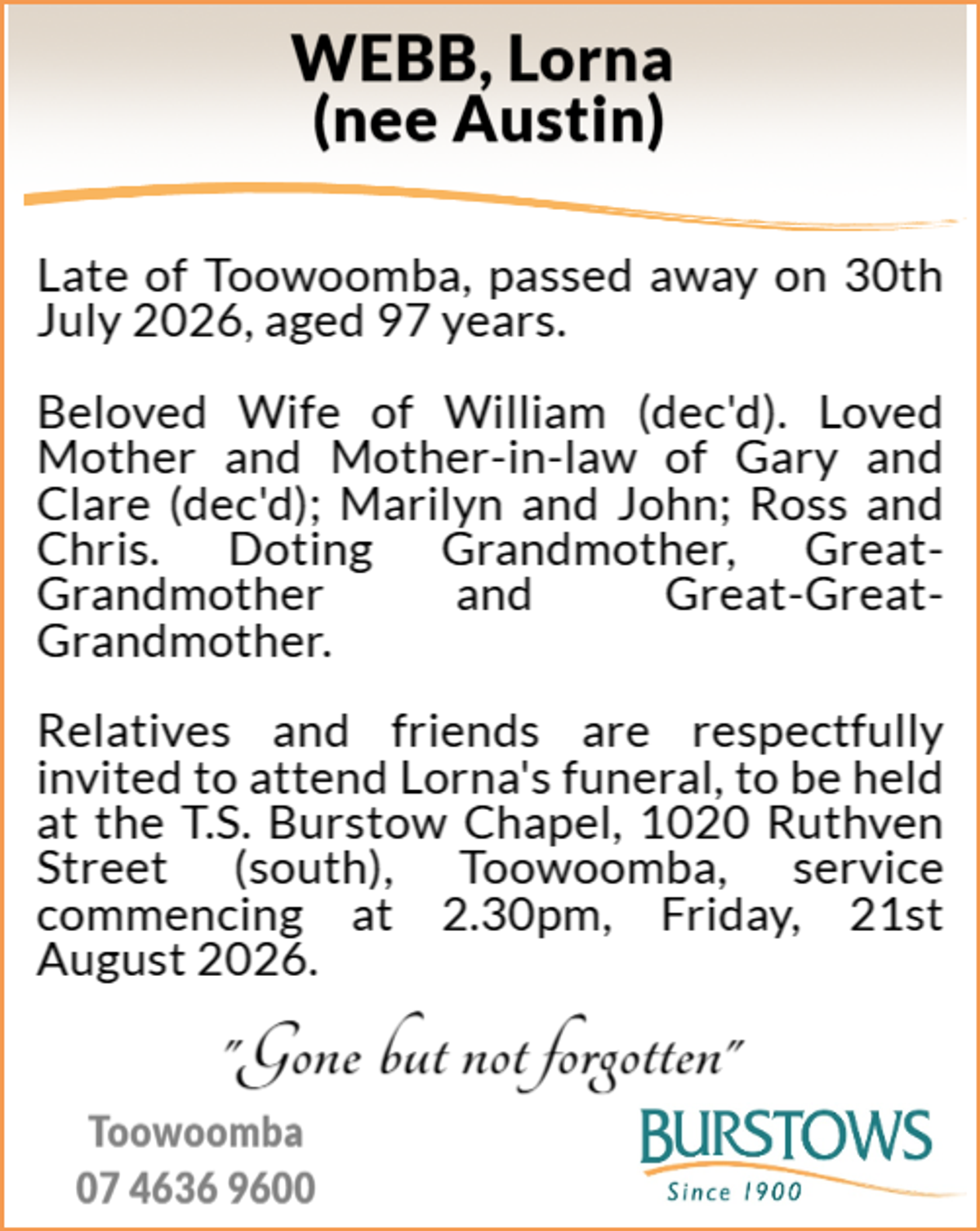 Funeral notice for Lorna Webb