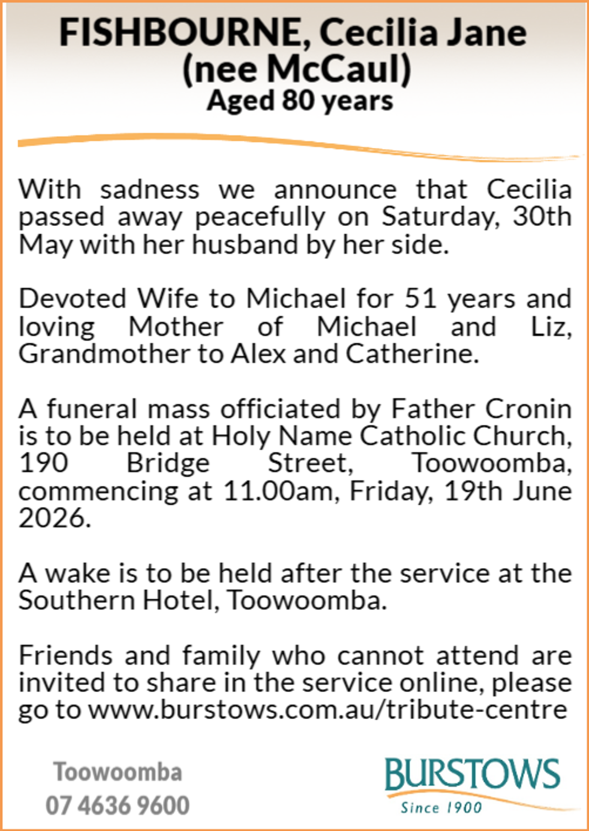 Funeral notice for Cecilia Jane Fishbourne