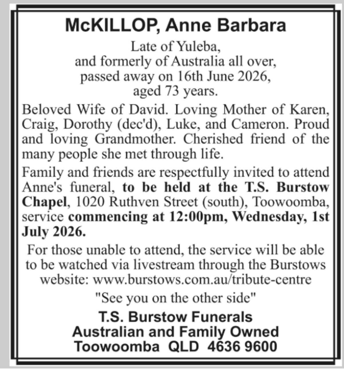 Funeral notice for Anne Barbara McKillop