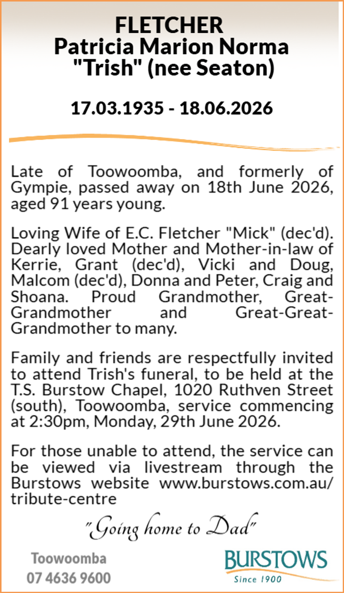 Funeral notice for Patricia Marion Norma Fletcher