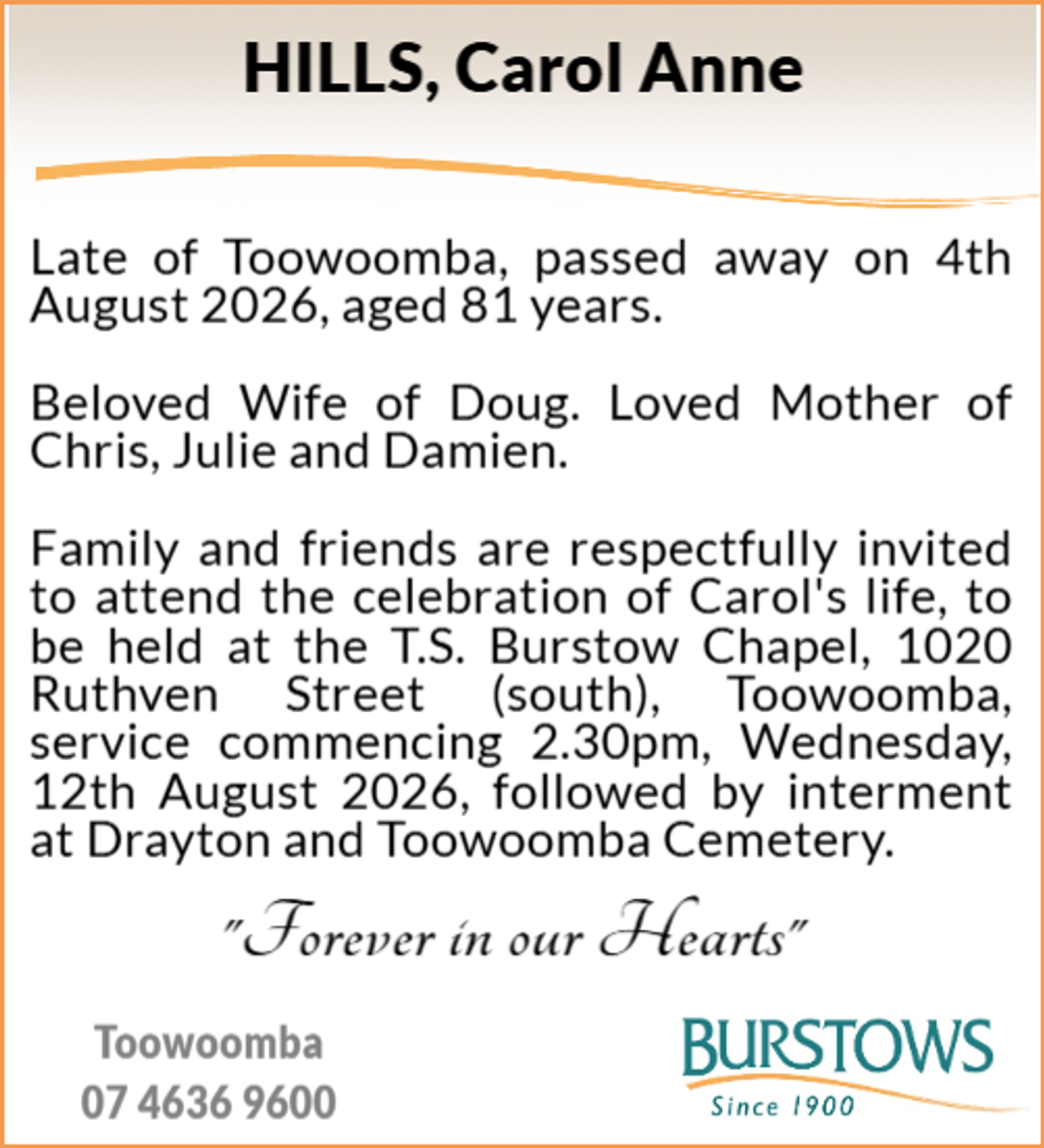 Funeral notice for Carol Anne Hills