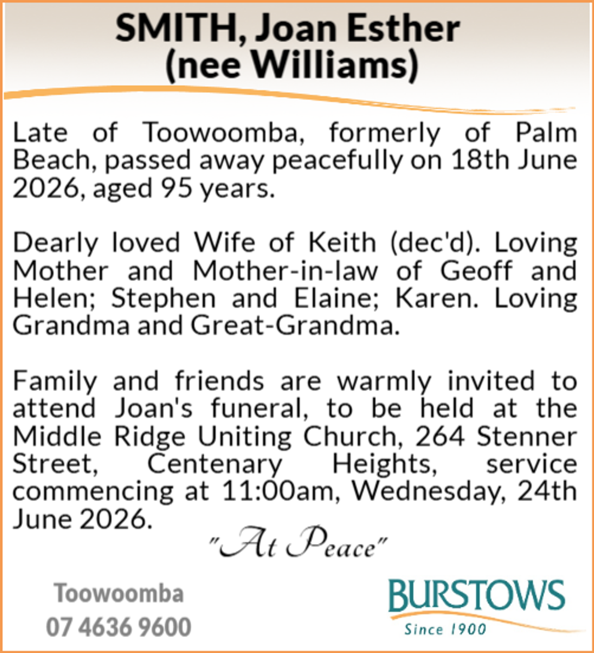 Funeral notice for Joan Esther Smith