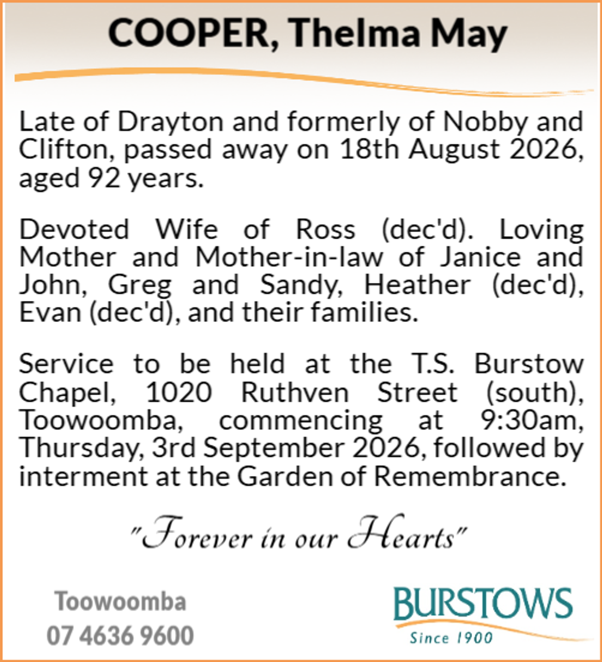 Funeral notice for Thelma May Cooper