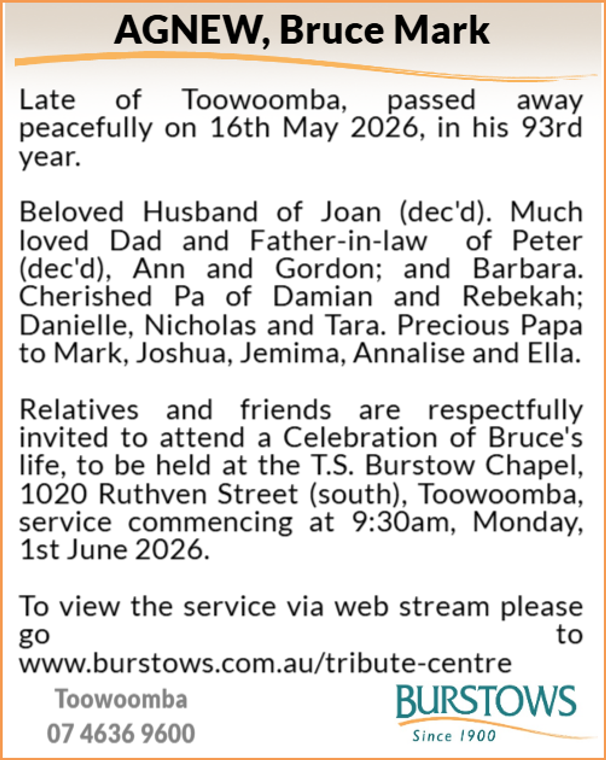 Funeral notice for Bruce Mark Agnew