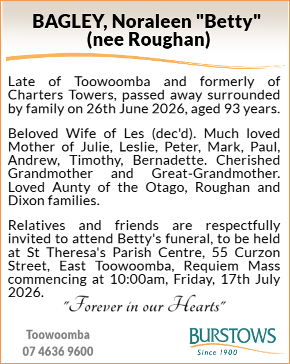 Funeral notice for Noraleen Bagley