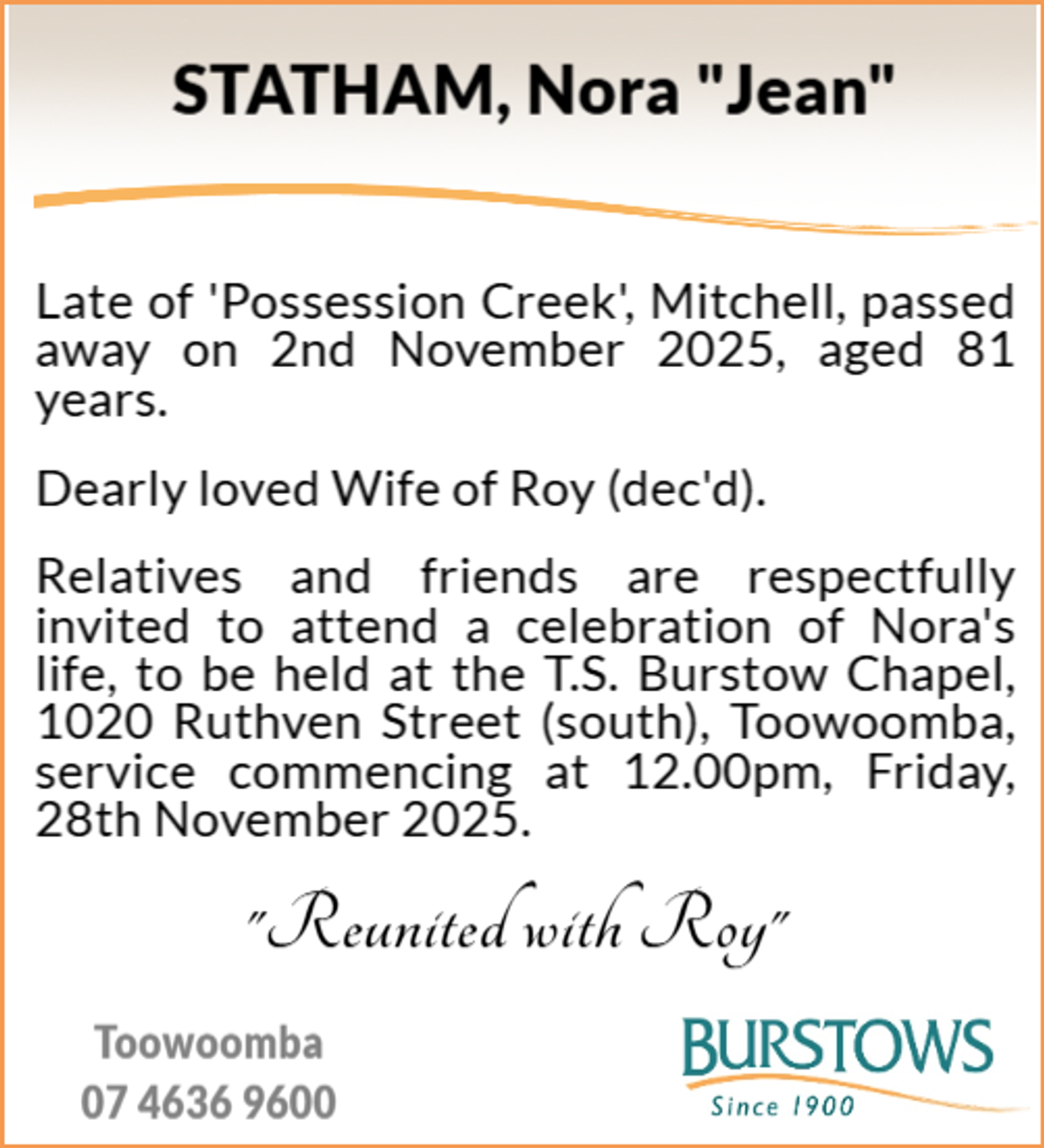 Funeral notice for Nora Jean Statham