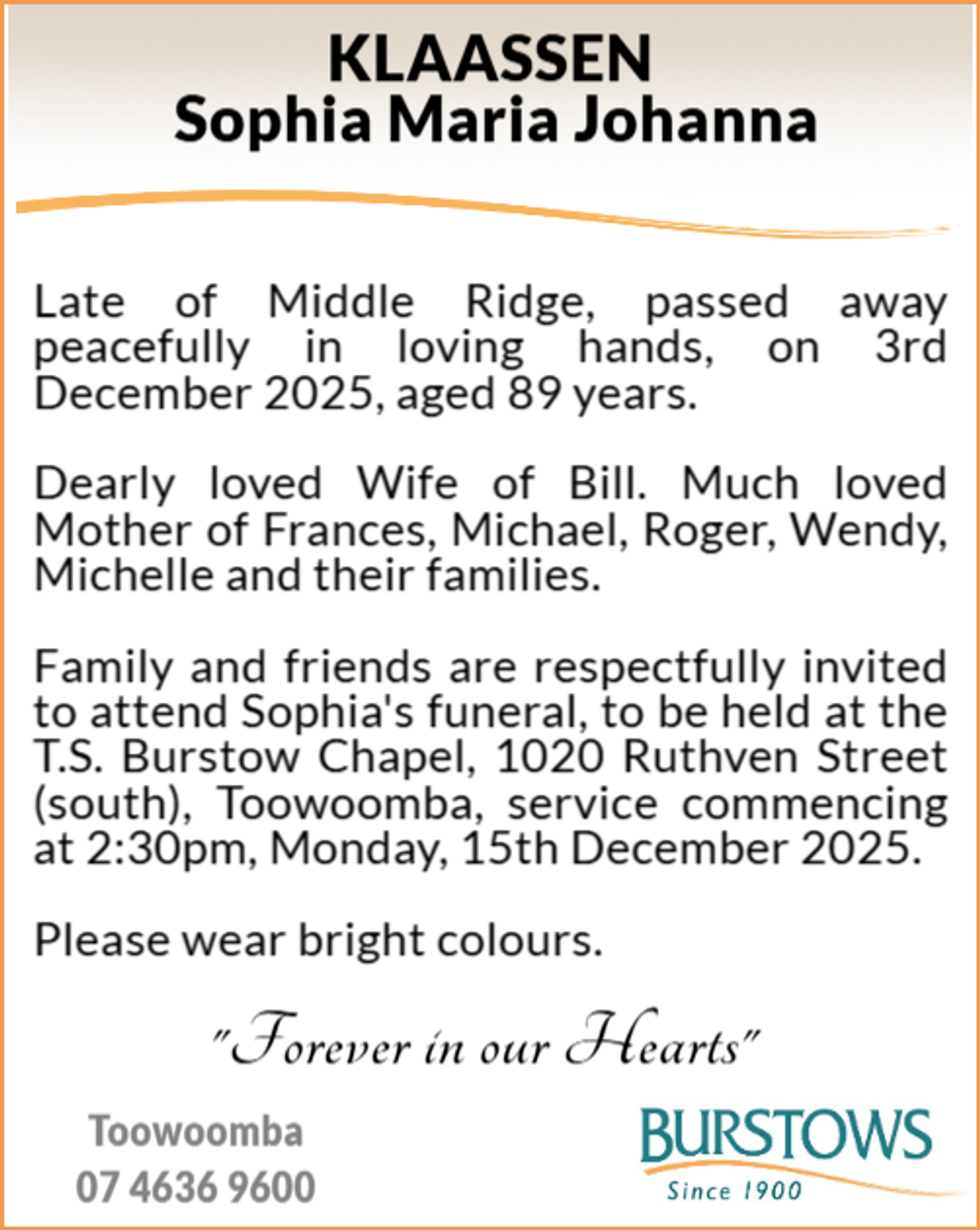 Funeral notice for Sophia Maria Johanna Klaassen
