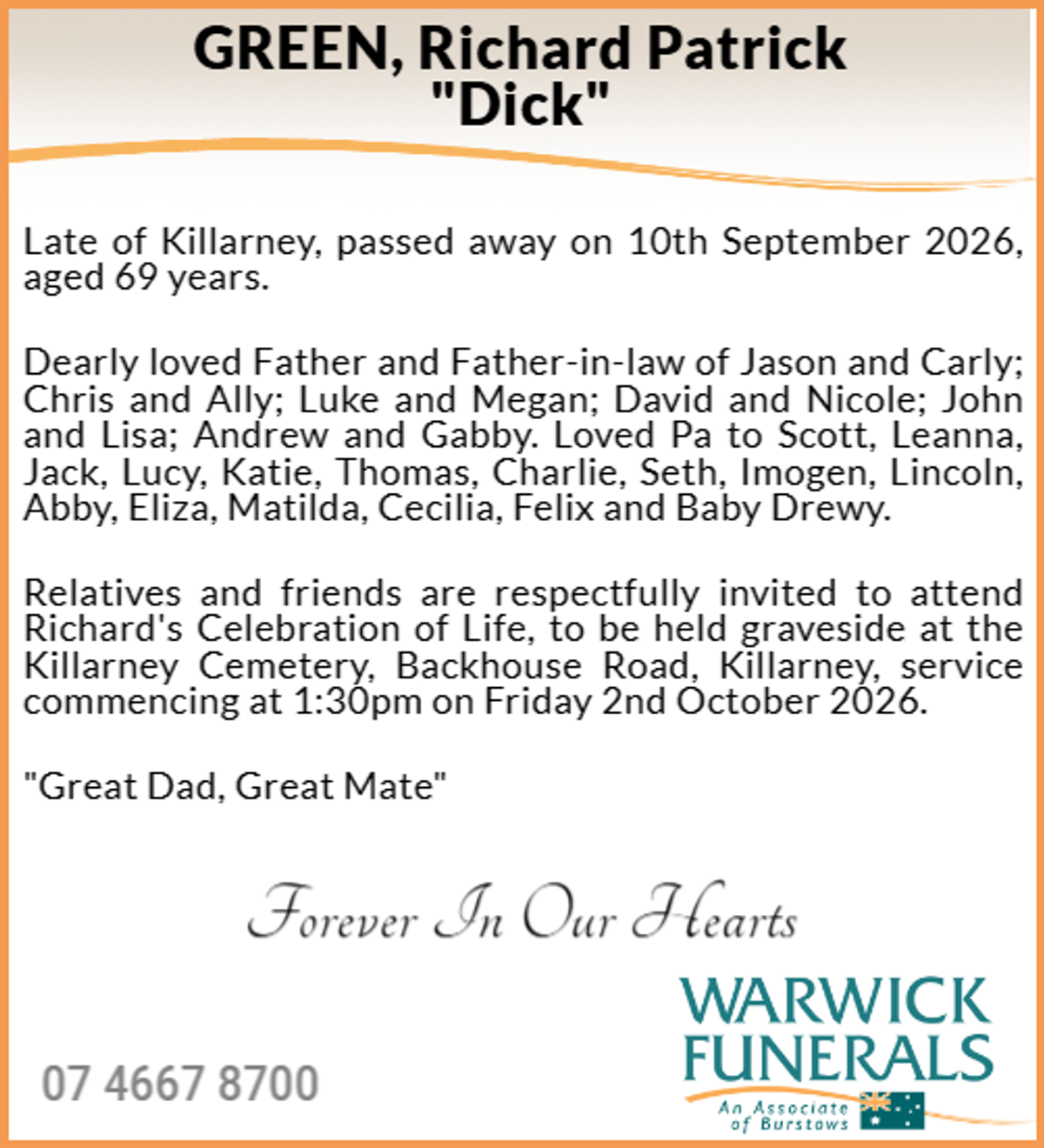 Funeral notice for Richard Patrick Green