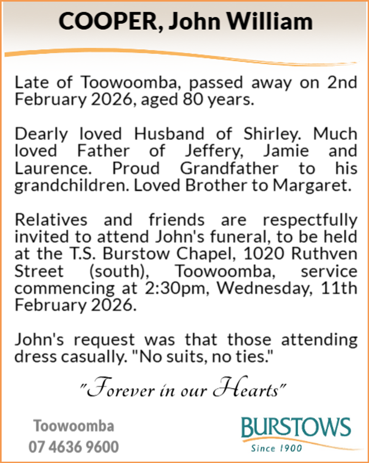 Funeral notice for John William Cooper