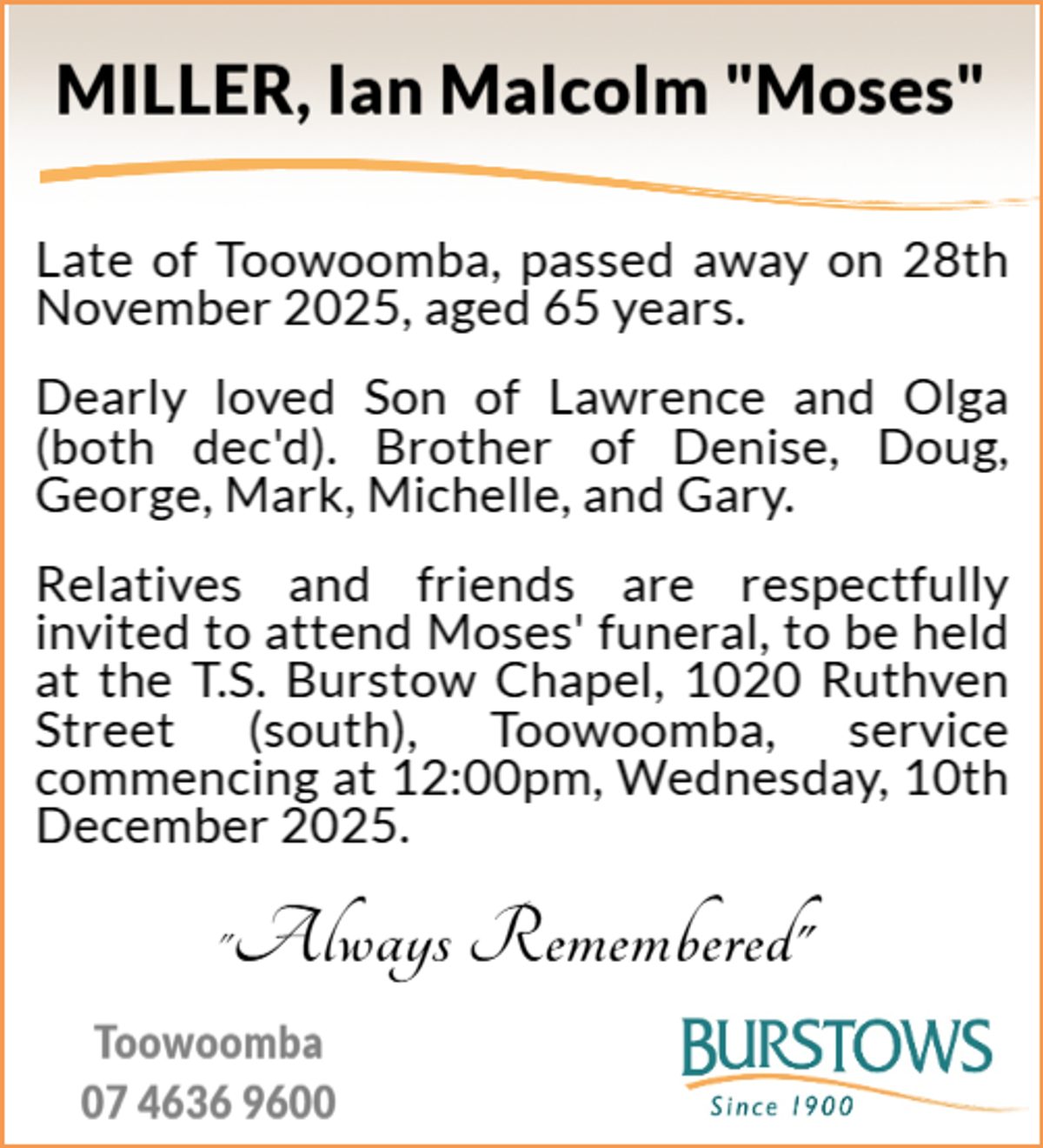 Funeral notice for Ian Malcolm Miller