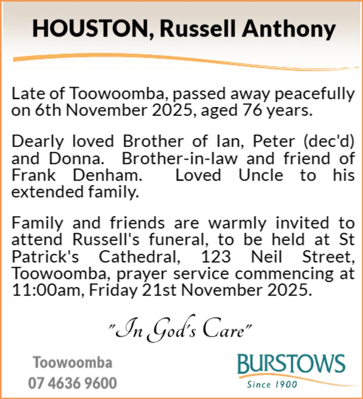 Funeral notice for Russell Anthony Houston