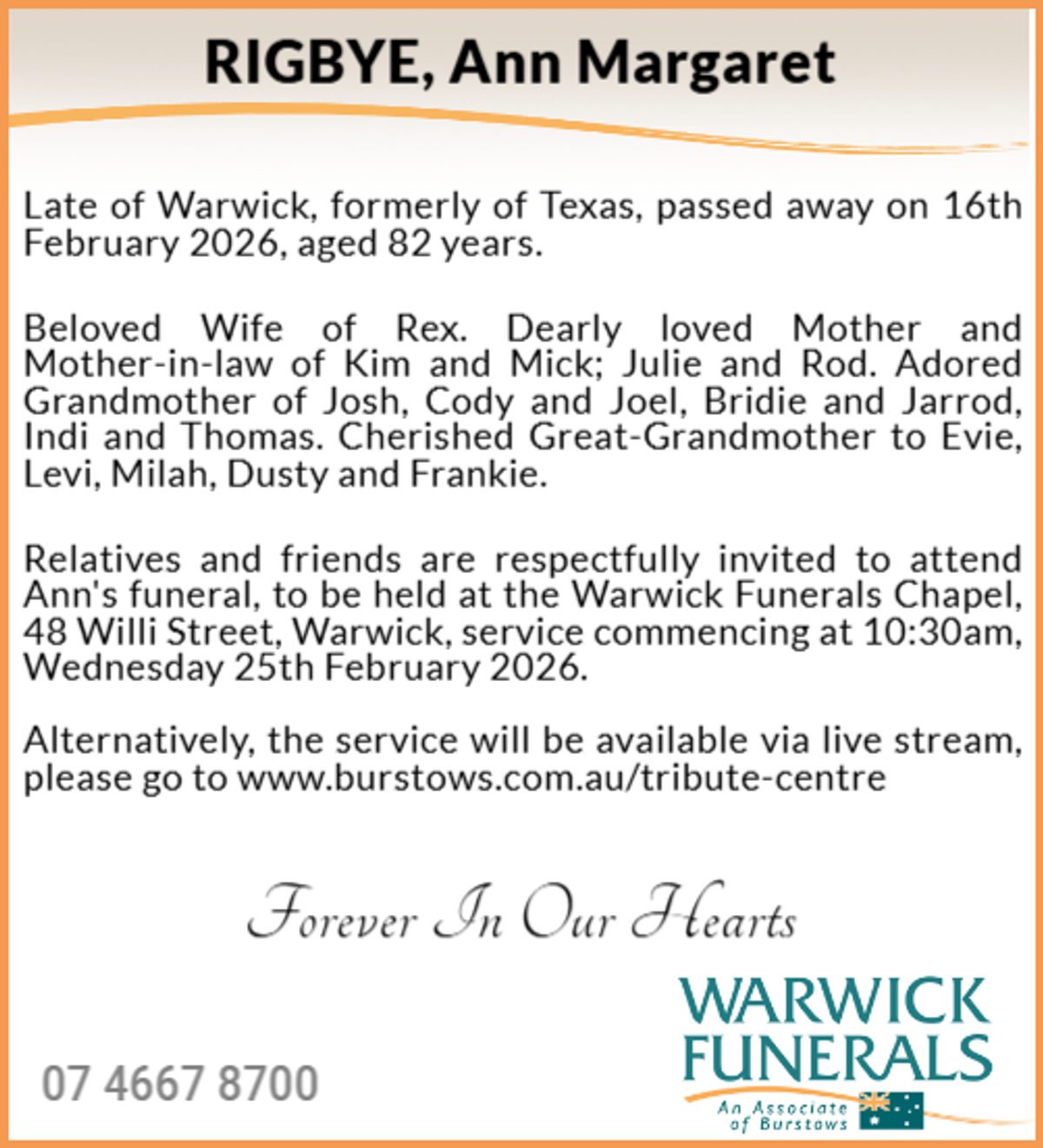 Funeral notice for Ann Margaret Rigbye