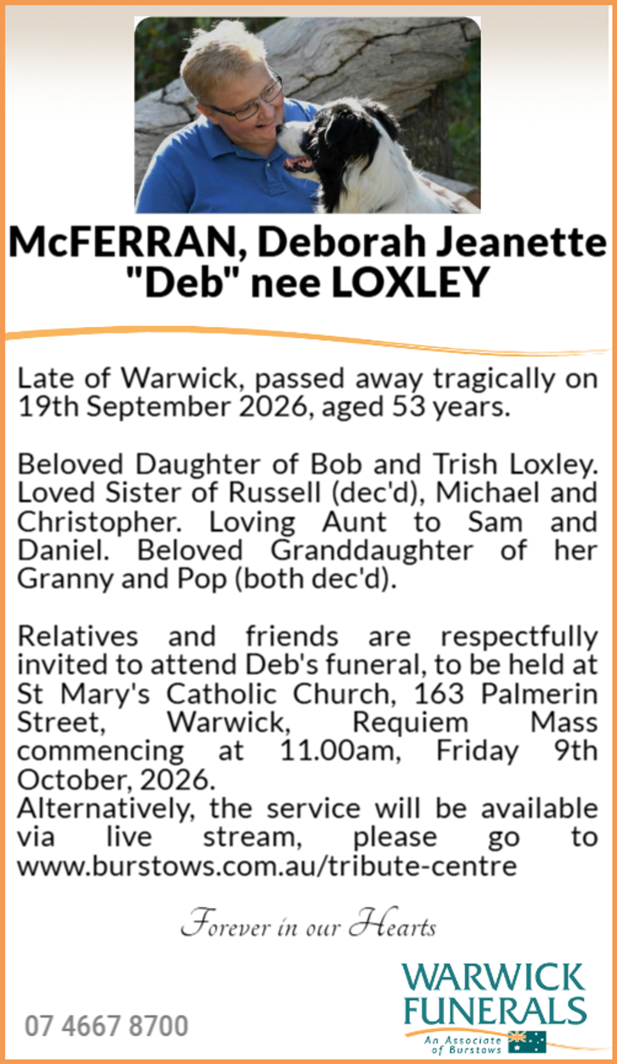 Funeral notice for Deborah Jeanette McFerran