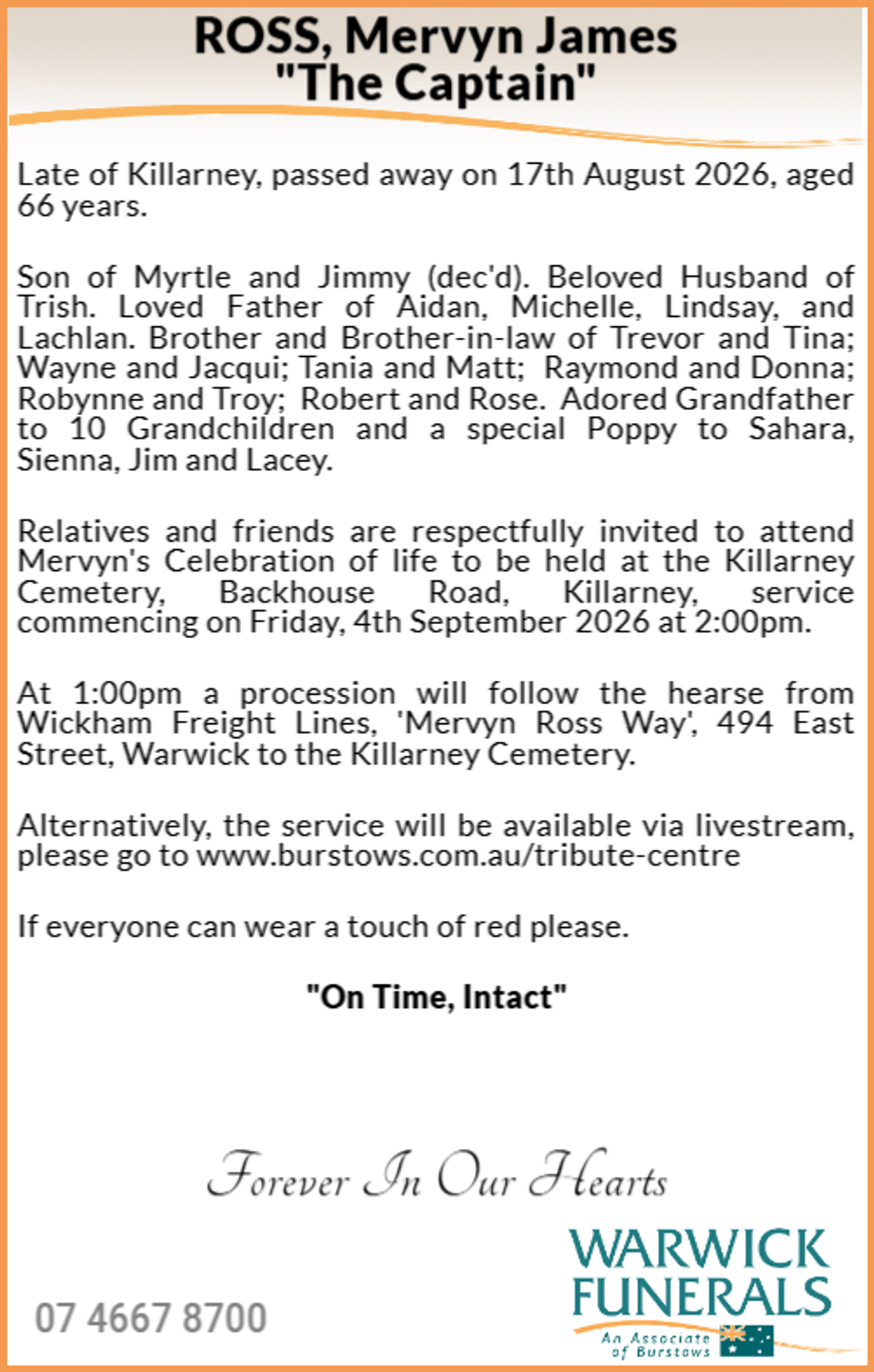 Funeral notice for Mervyn James Ross