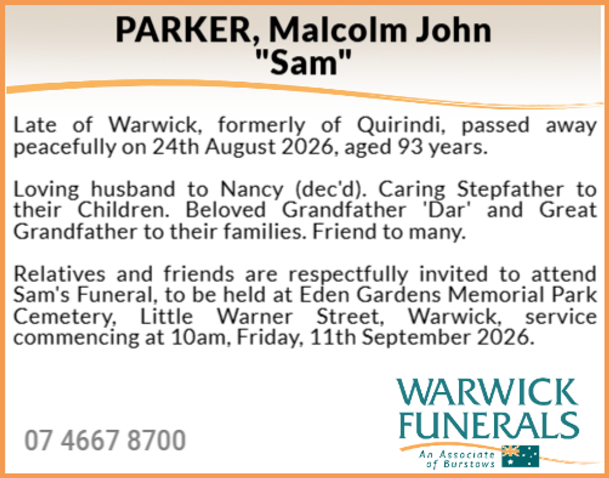 Funeral notice for Malcolm John Parker