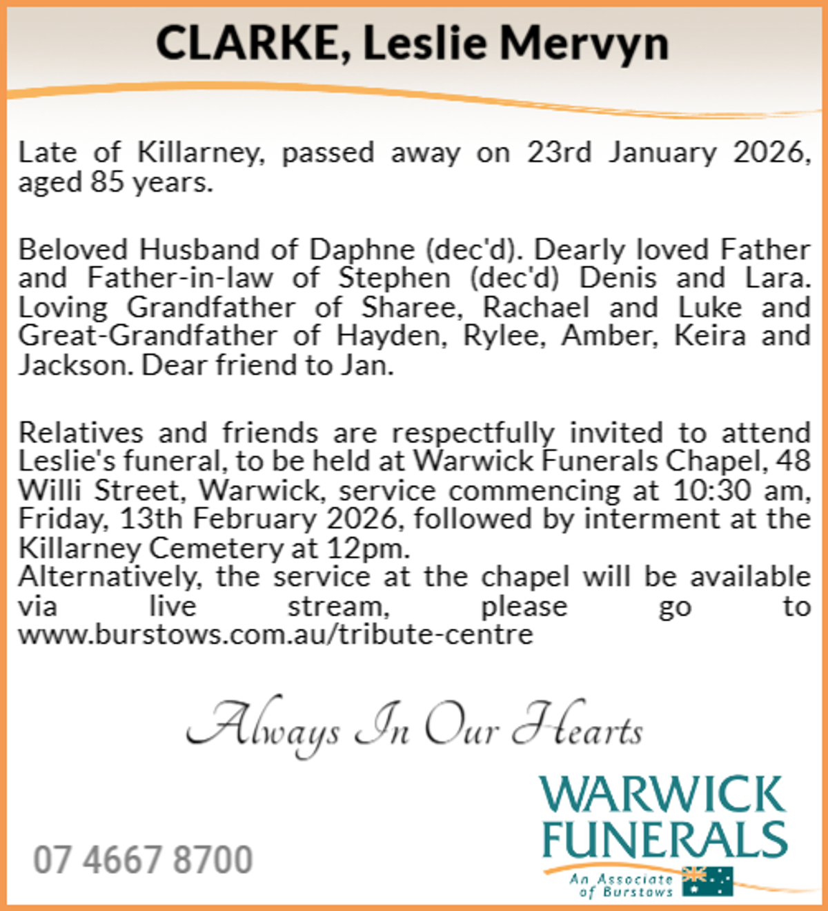 Funeral notice for Leslie Mervyn Clarke