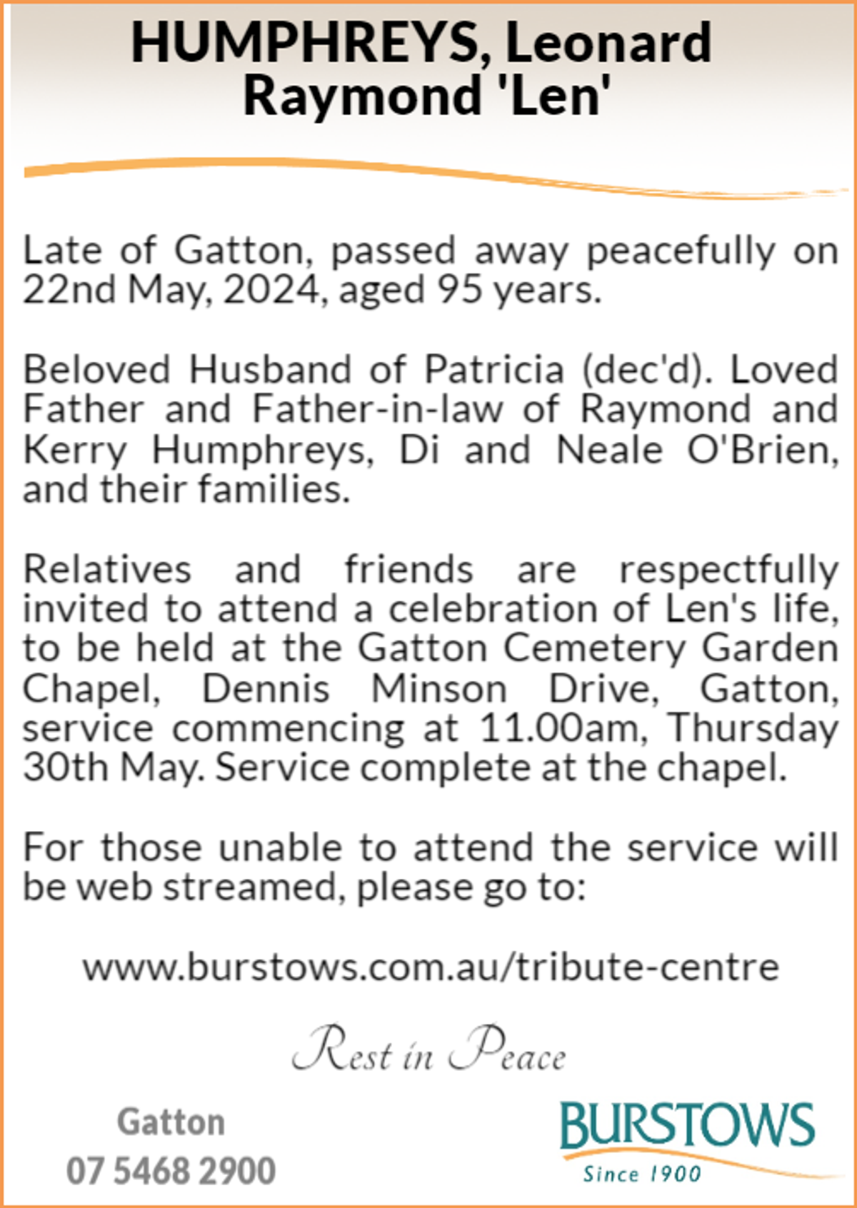 Funeral notice for Leonard Raymond Humphreys