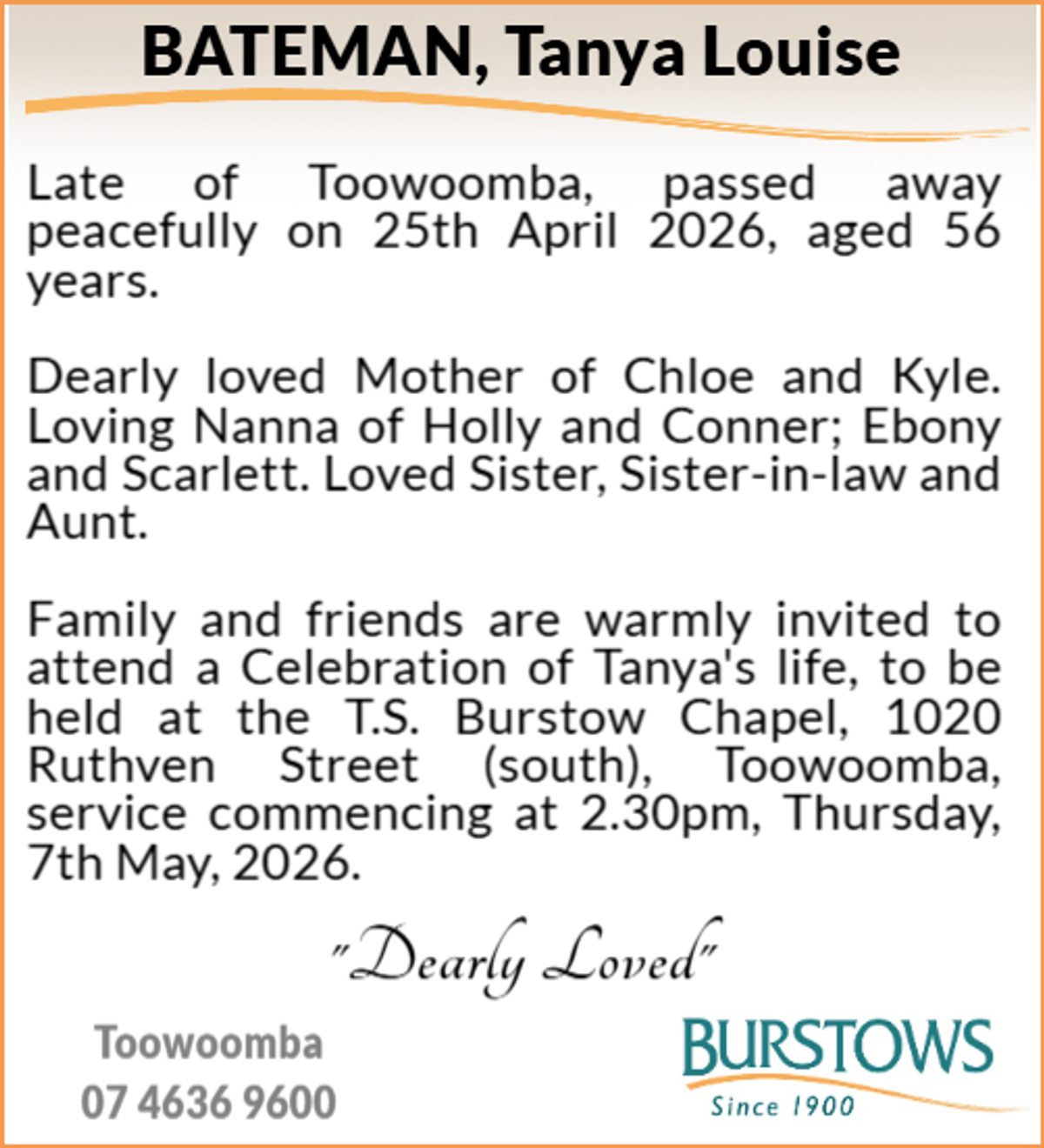 Funeral notice for Tanya Louise Bateman