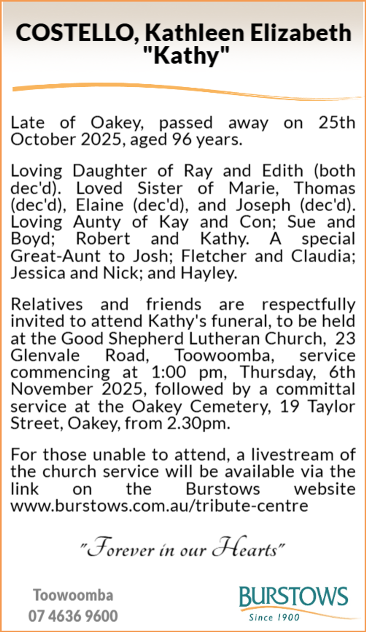 Funeral notice for Kathleen Elizabeth Costello