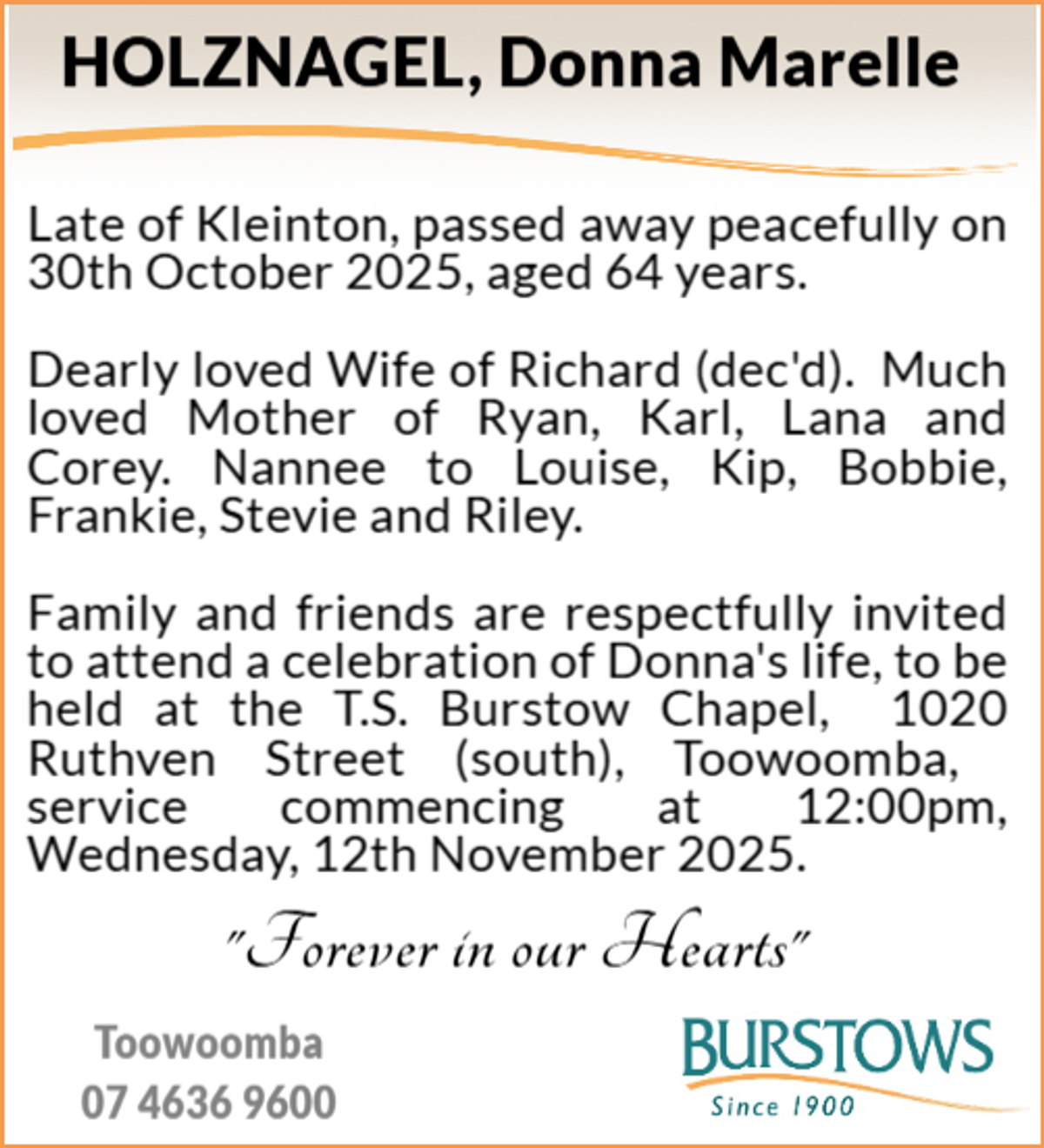 Funeral notice for Donna Marelle Holznagel