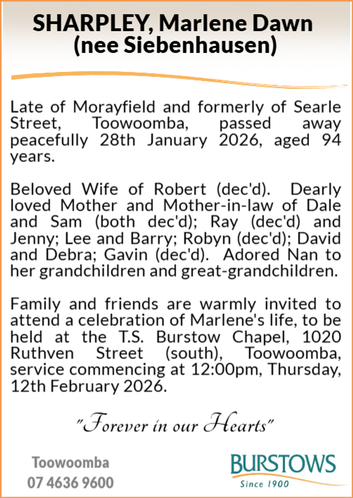Funeral notice for Marlene Dawn Sharpley