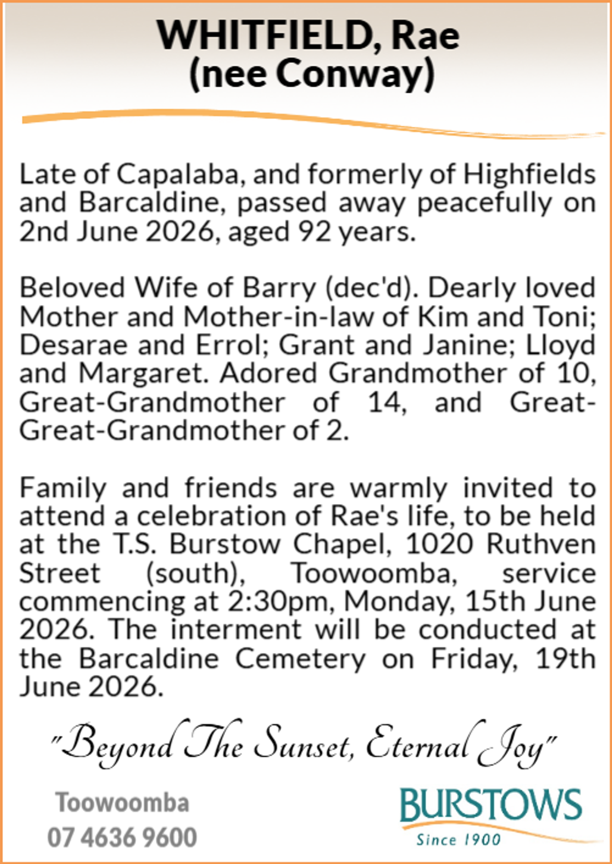 Funeral notice for Rae Whitfield