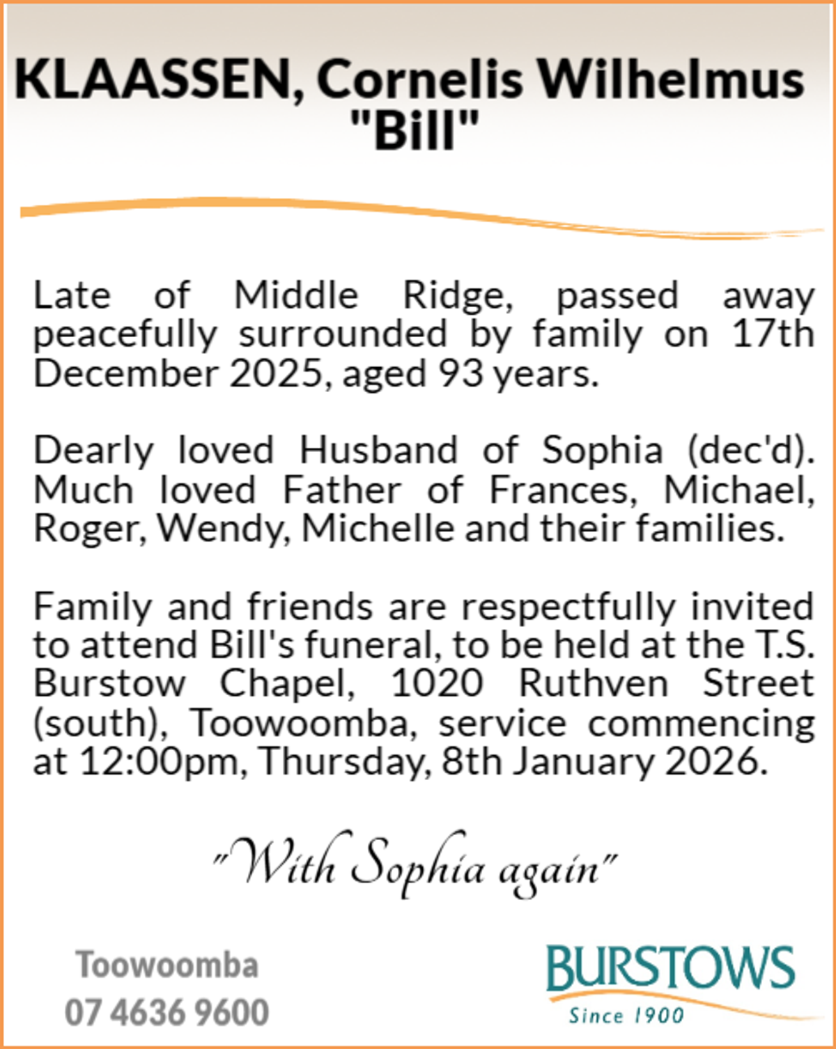 Funeral notice for Cornelis Wilhelmus Klaassen