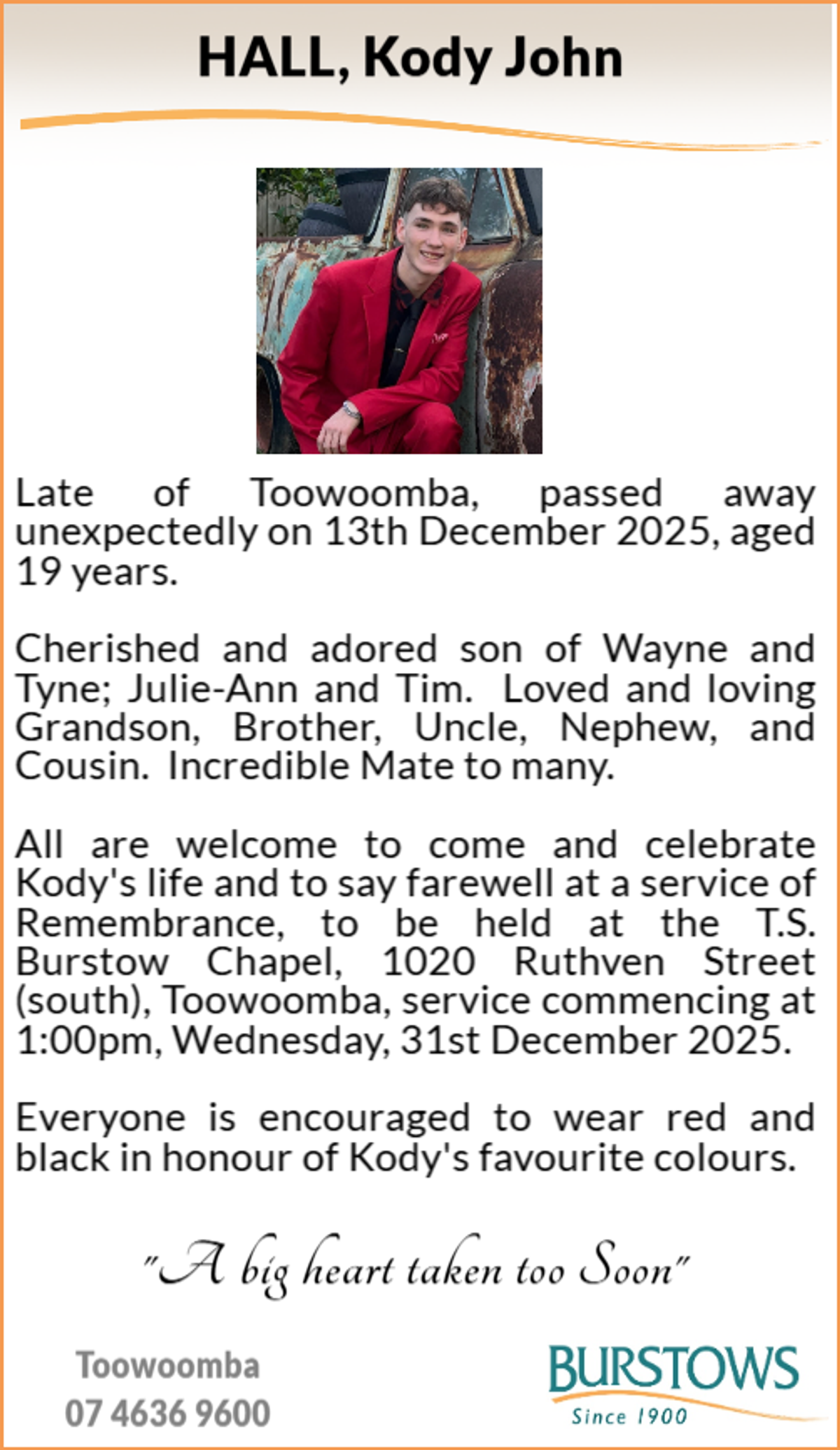 Funeral notice for Kody John Hall