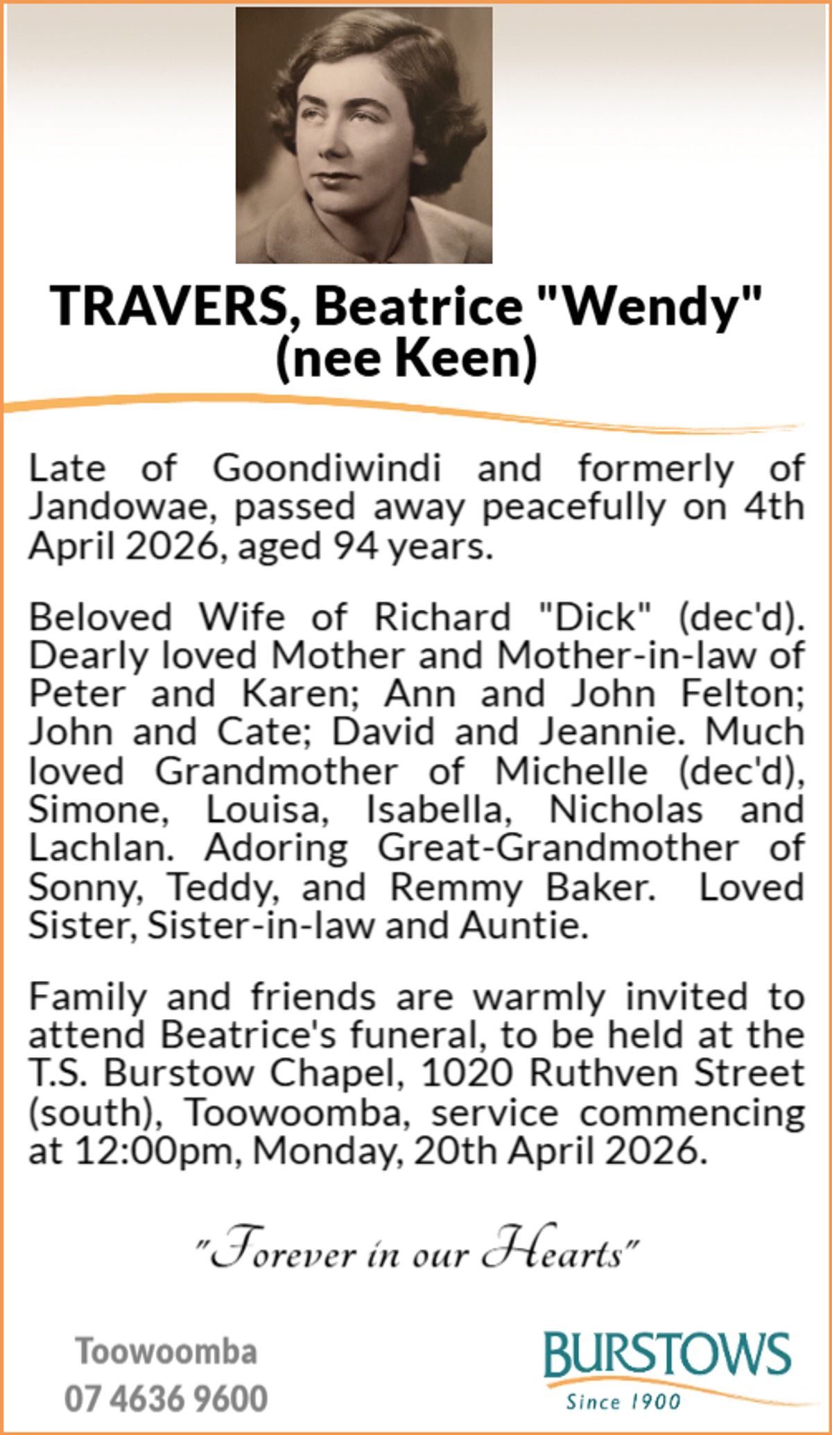 Funeral notice for Beatrice Wendy Travers