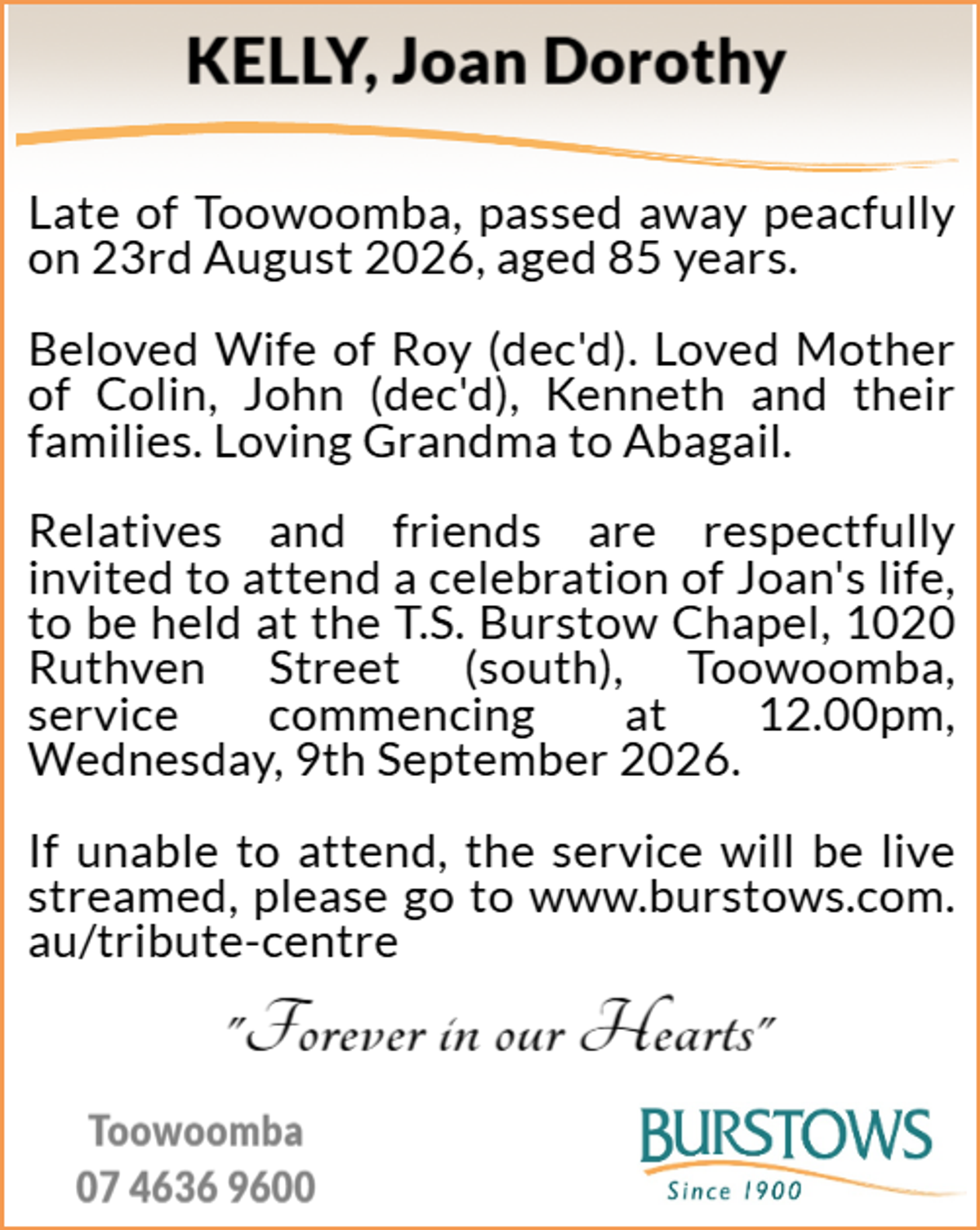 Funeral notice for Joan Dorothy Kelly