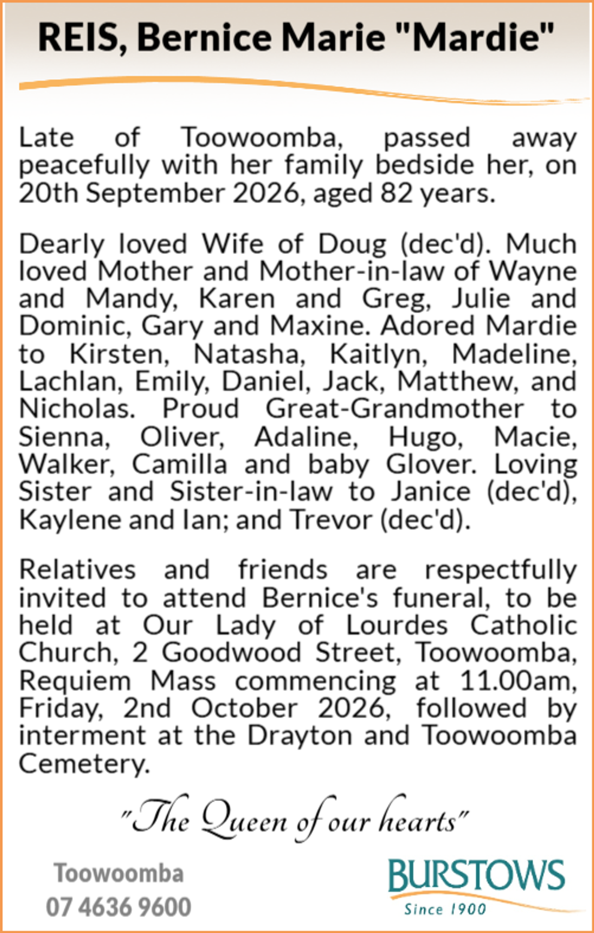 Funeral notice for Bernice Marie Reis