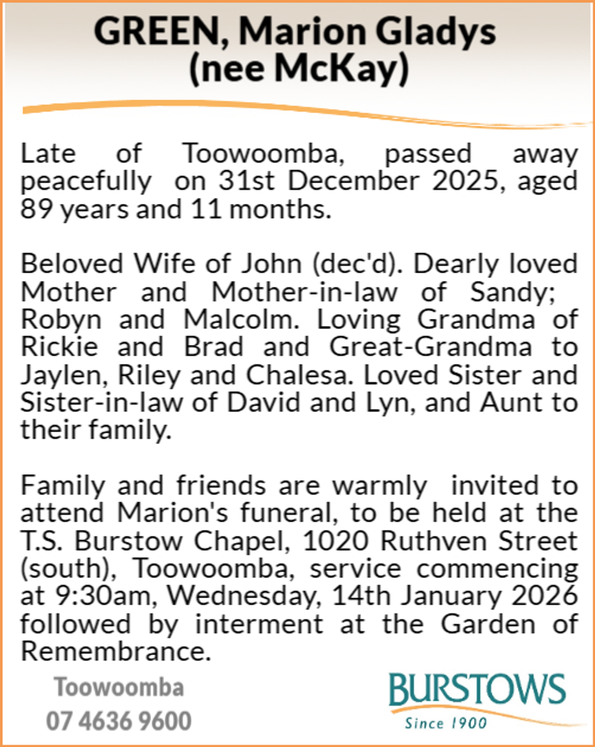 Funeral notice for Marion Gladys Green
