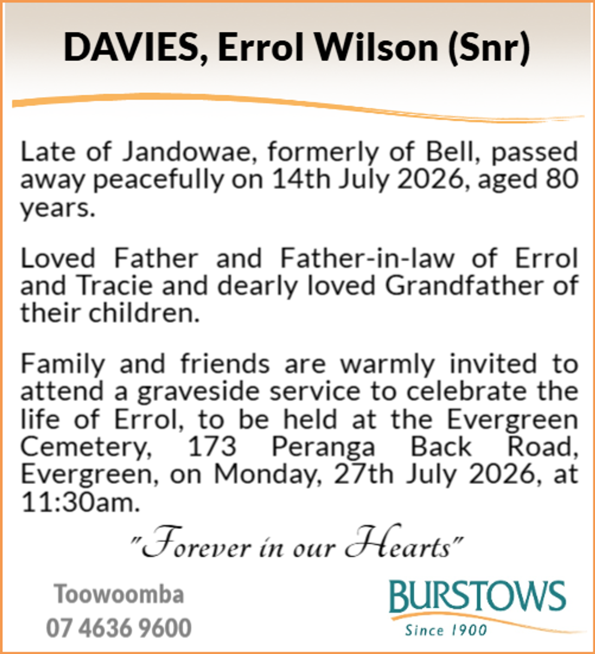 Funeral notice for Errol Wilson Davies