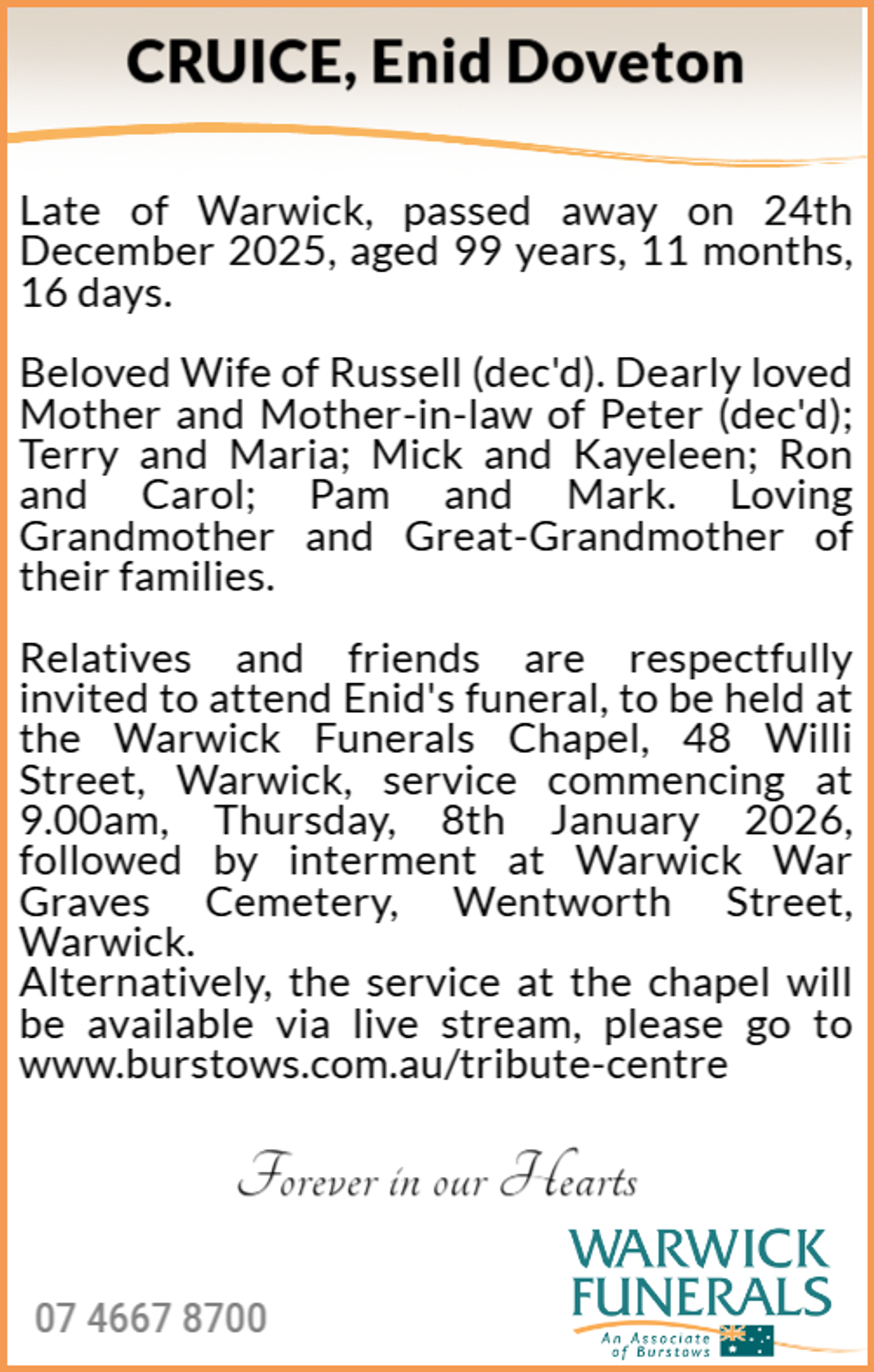 Funeral notice for Enid Doveton Cruice