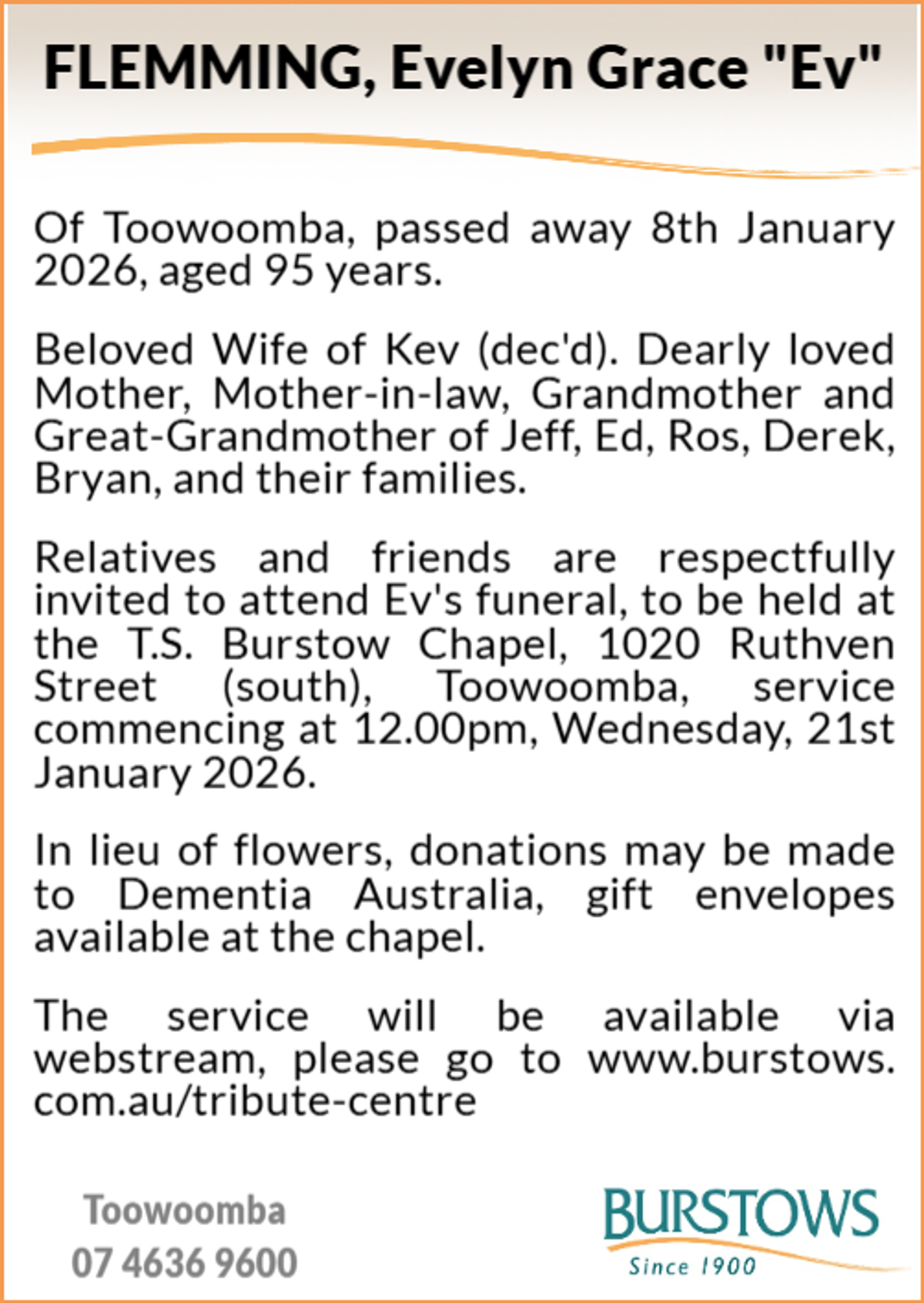Funeral notice for Evelyn Grace Flemming