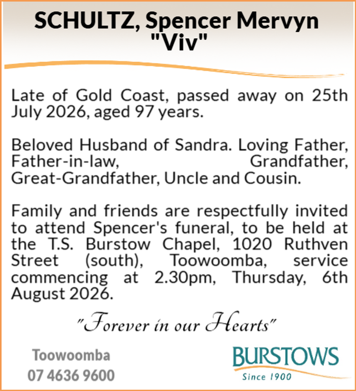 Funeral notice for Spencer Mervyn Schultz