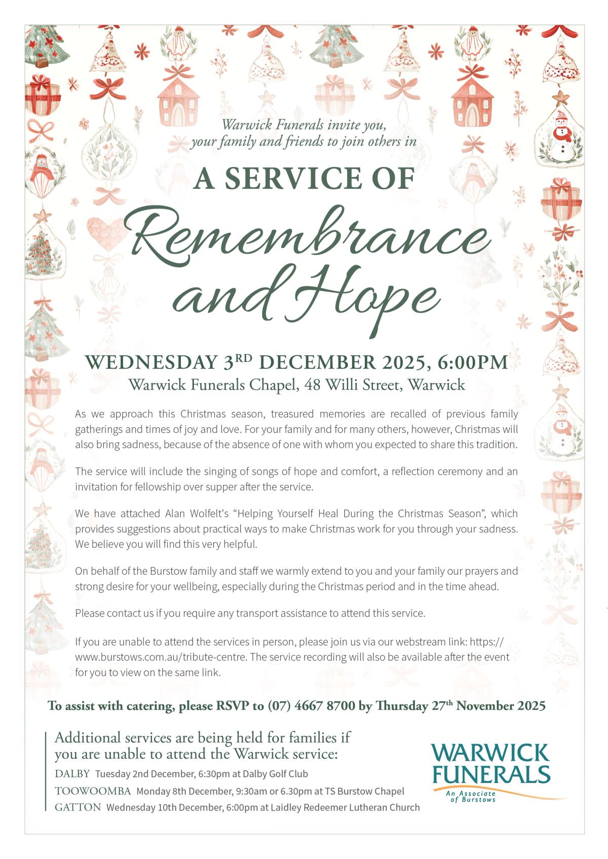 Funeral notice for Warwick Funerals Service of Remembrance and Hope