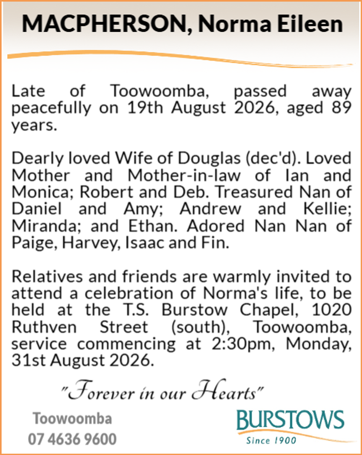 Funeral notice for Norma Eileen Macpherson