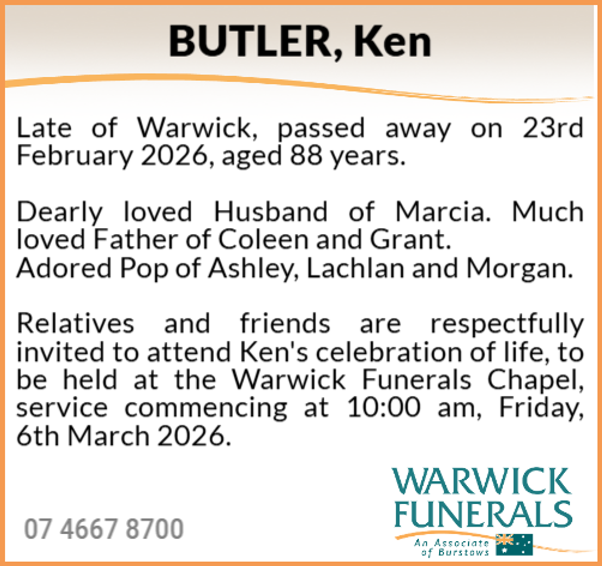 Funeral notice for Ken Butler