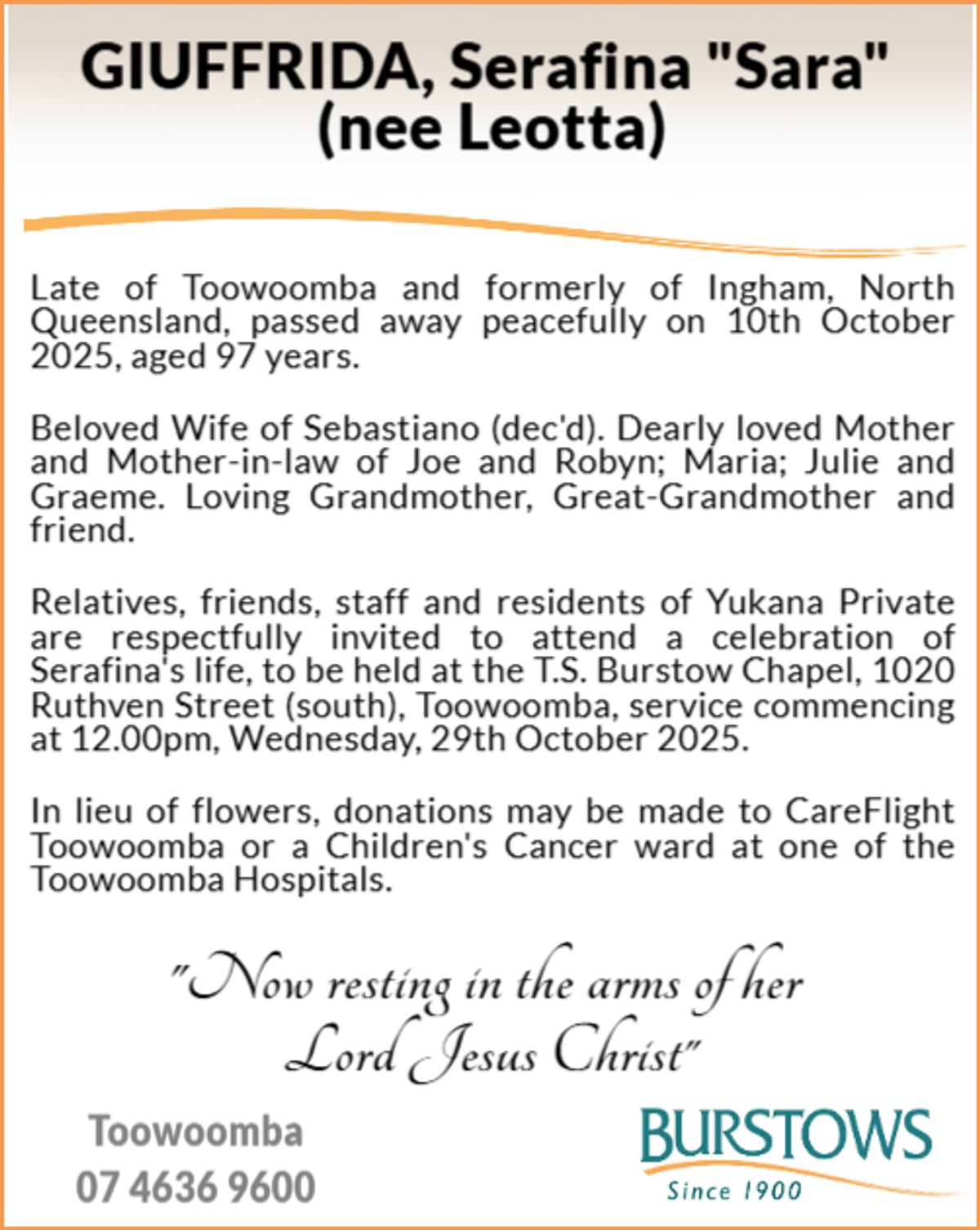 Funeral notice for Serafina Giuffrida