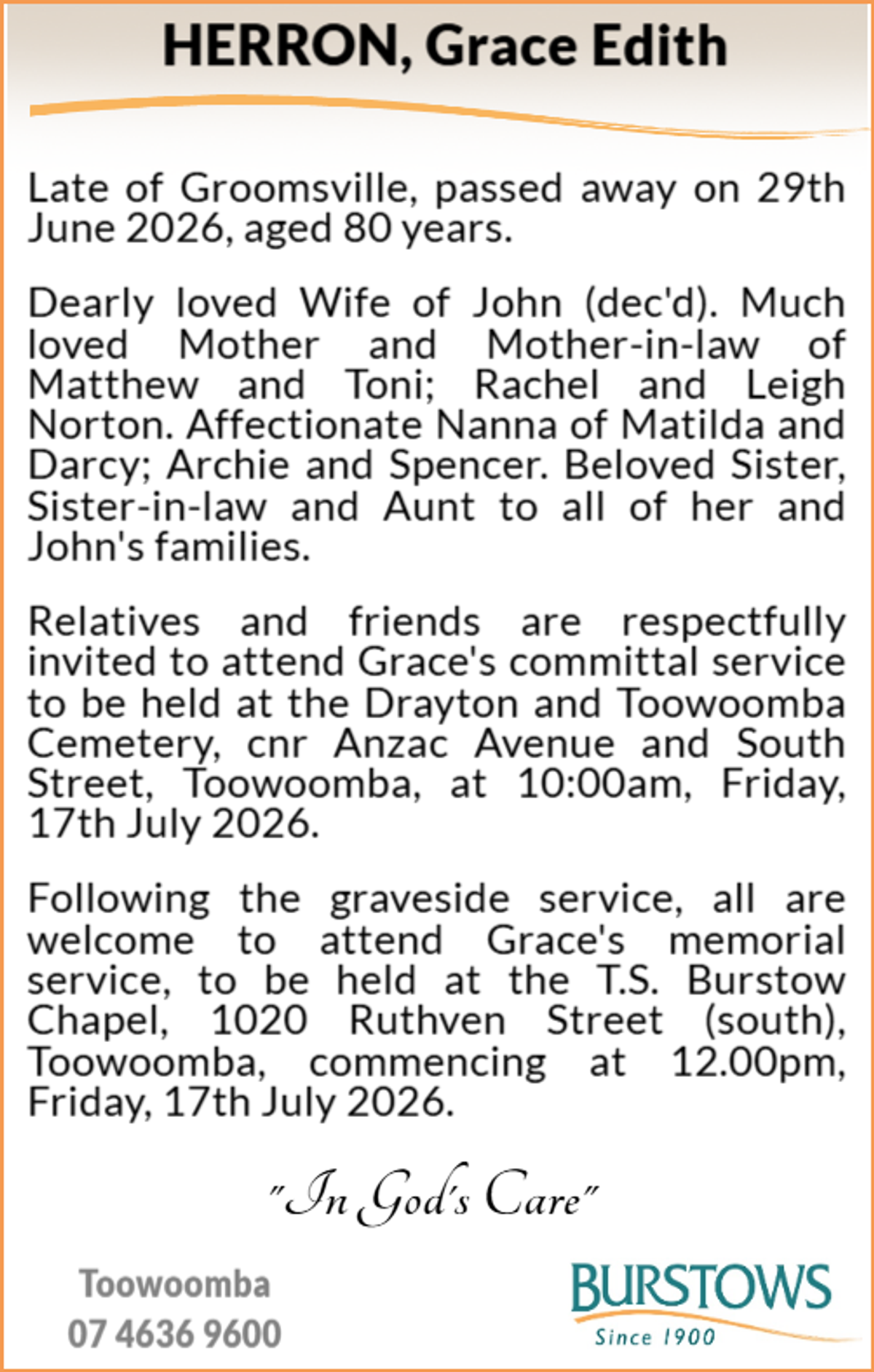 Funeral notice for Grace Edith Herron