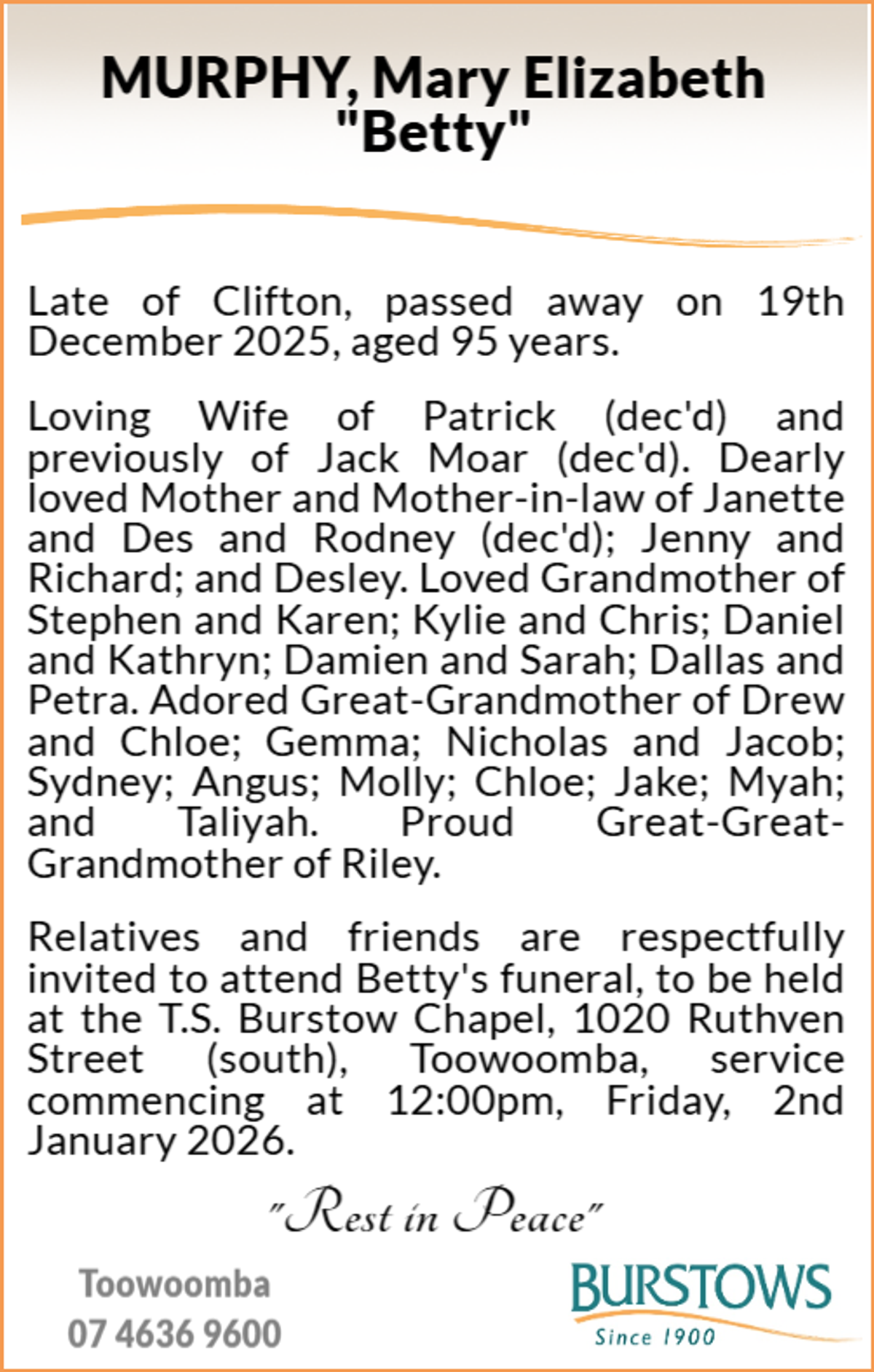 Funeral notice for Mary Elizabeth Murphy