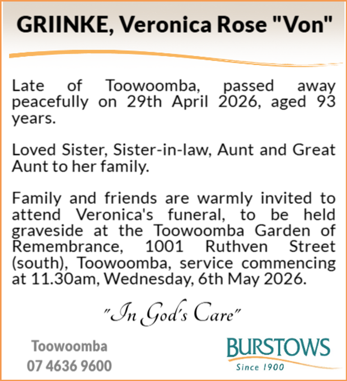 Funeral notice for Veronica Rose Griinke