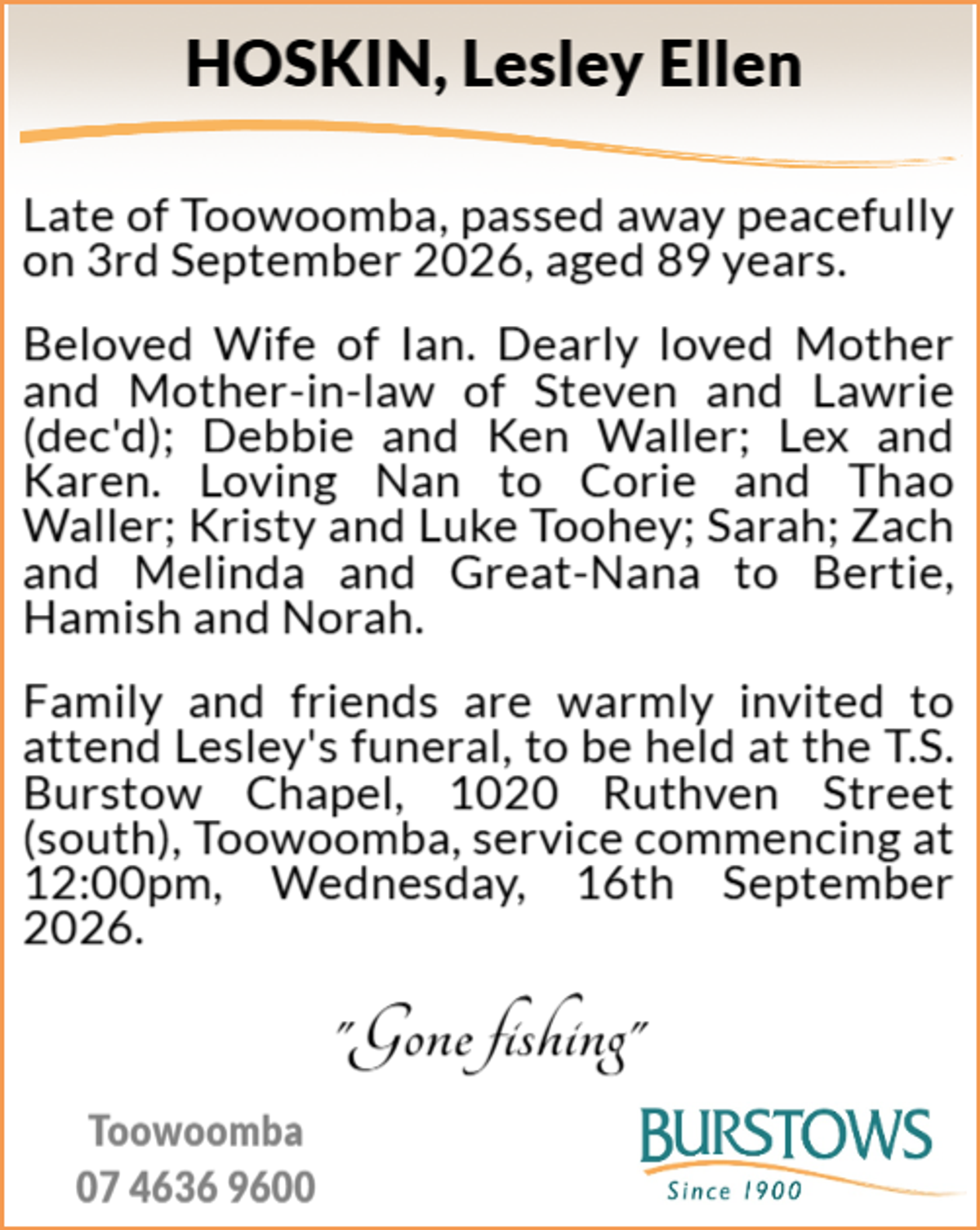 Funeral notice for Lesley Ellen Hoskin
